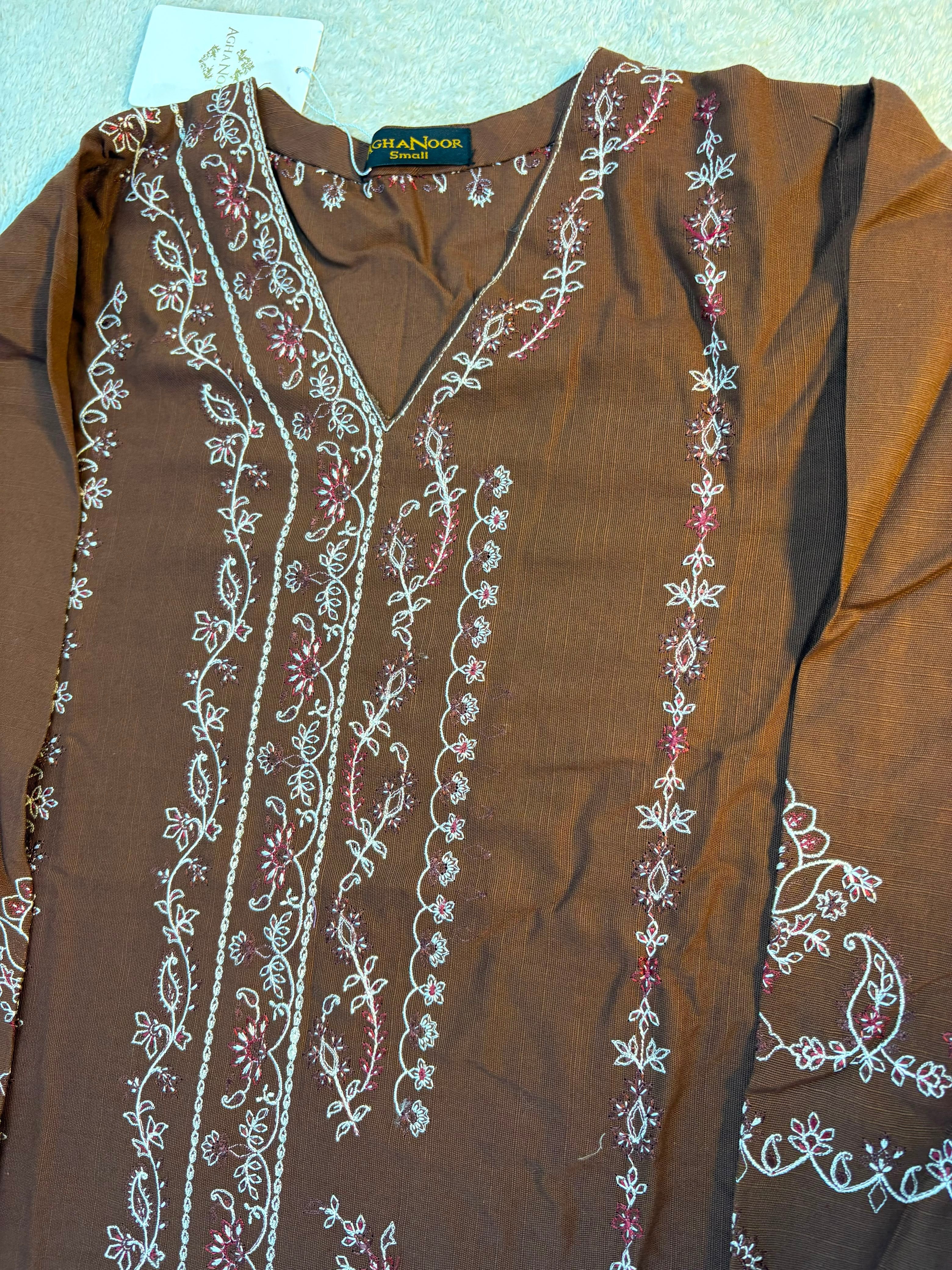 Meher : Mocha Brown Embroidered Three-Piece Suit