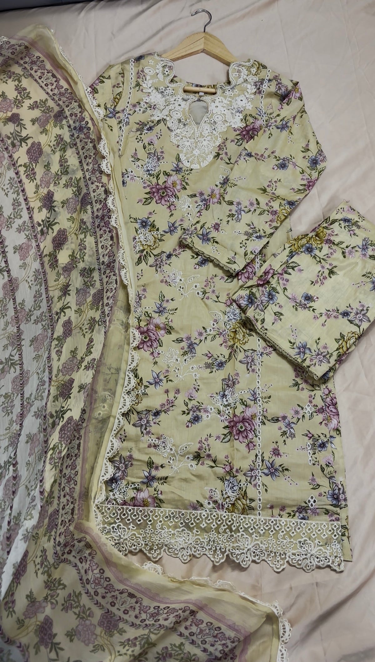 Ziya : Butter yellow Floral Embroidered Three-Piece Suit