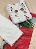 Roshan Ara : Ivory Floral Embroidered Three-Piece Suit with Rose Print Dupatta