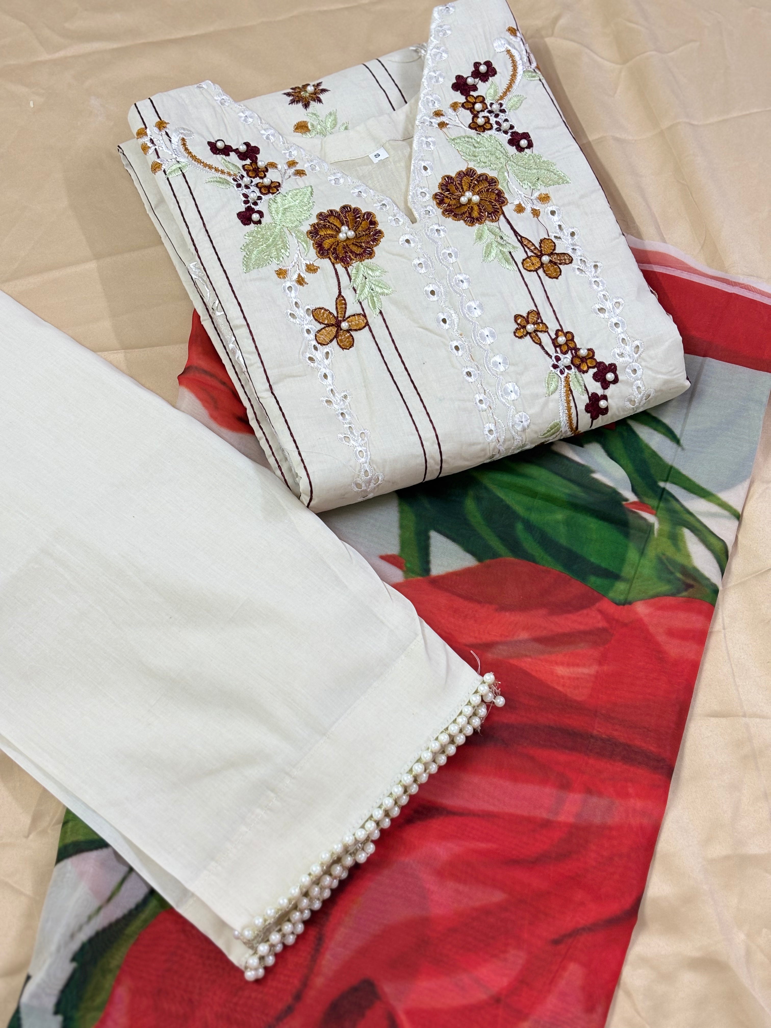 Roshan Ara : Ivory Floral Embroidered Three-Piece Suit with Rose Print Dupatta