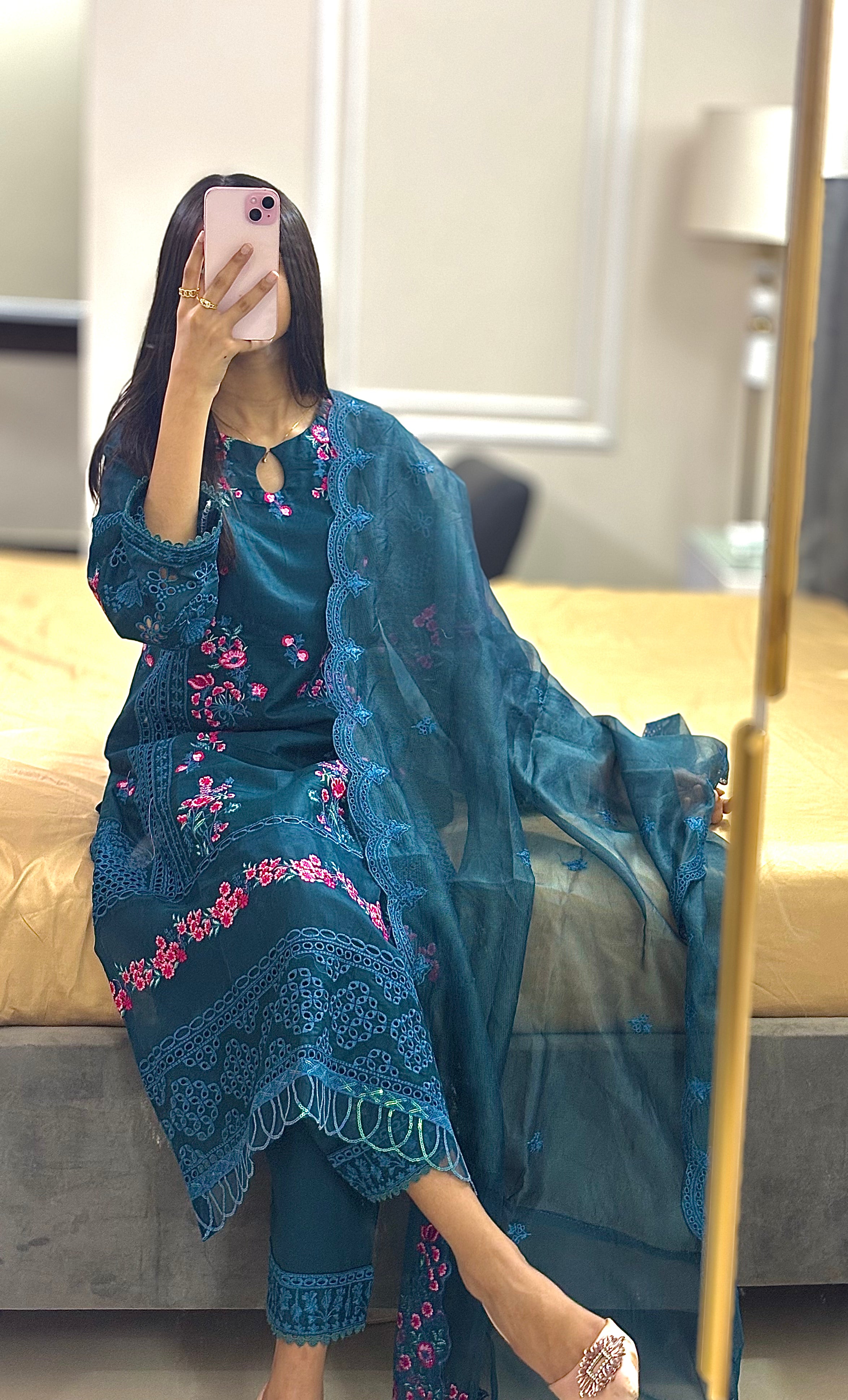 Feroza : Teal Blue Floral Embroidered Three-Piece Suit