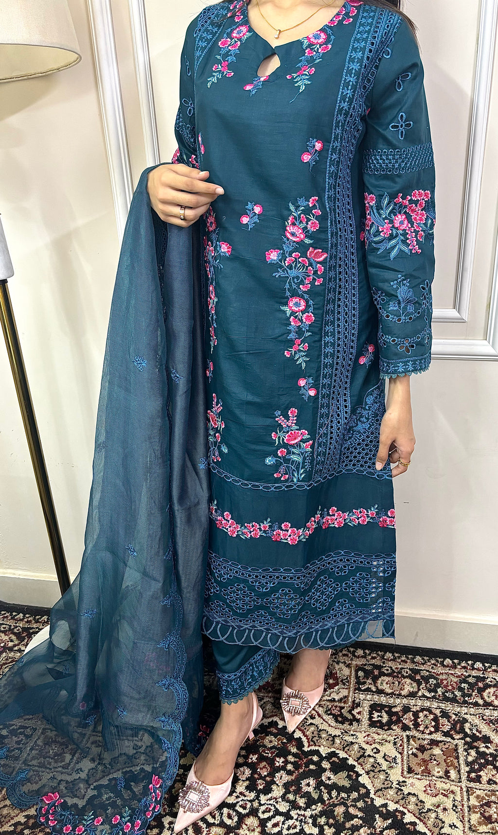Feroza : Teal Blue Floral Embroidered Three-Piece Suit