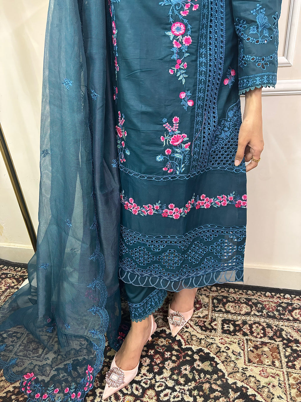 Feroza : Teal Blue Floral Embroidered Three-Piece Suit