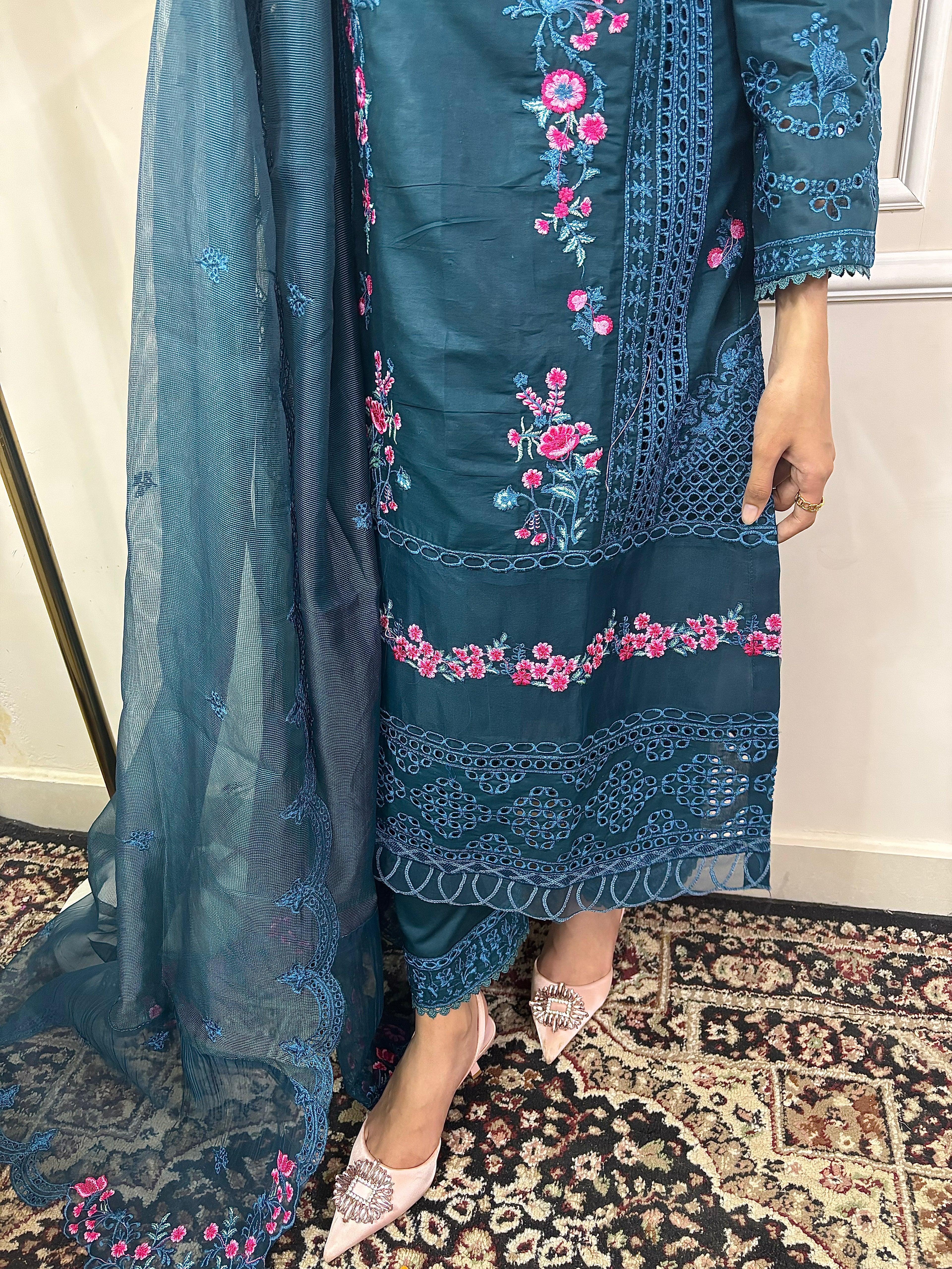 Feroza : Teal Blue Floral Embroidered Three-Piece Suit