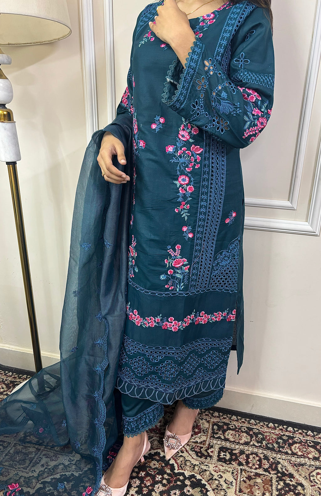 Feroza : Teal Blue Floral Embroidered Three-Piece Suit