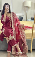 Afsana : Wine Embroidered Formal Three-Piece Suit