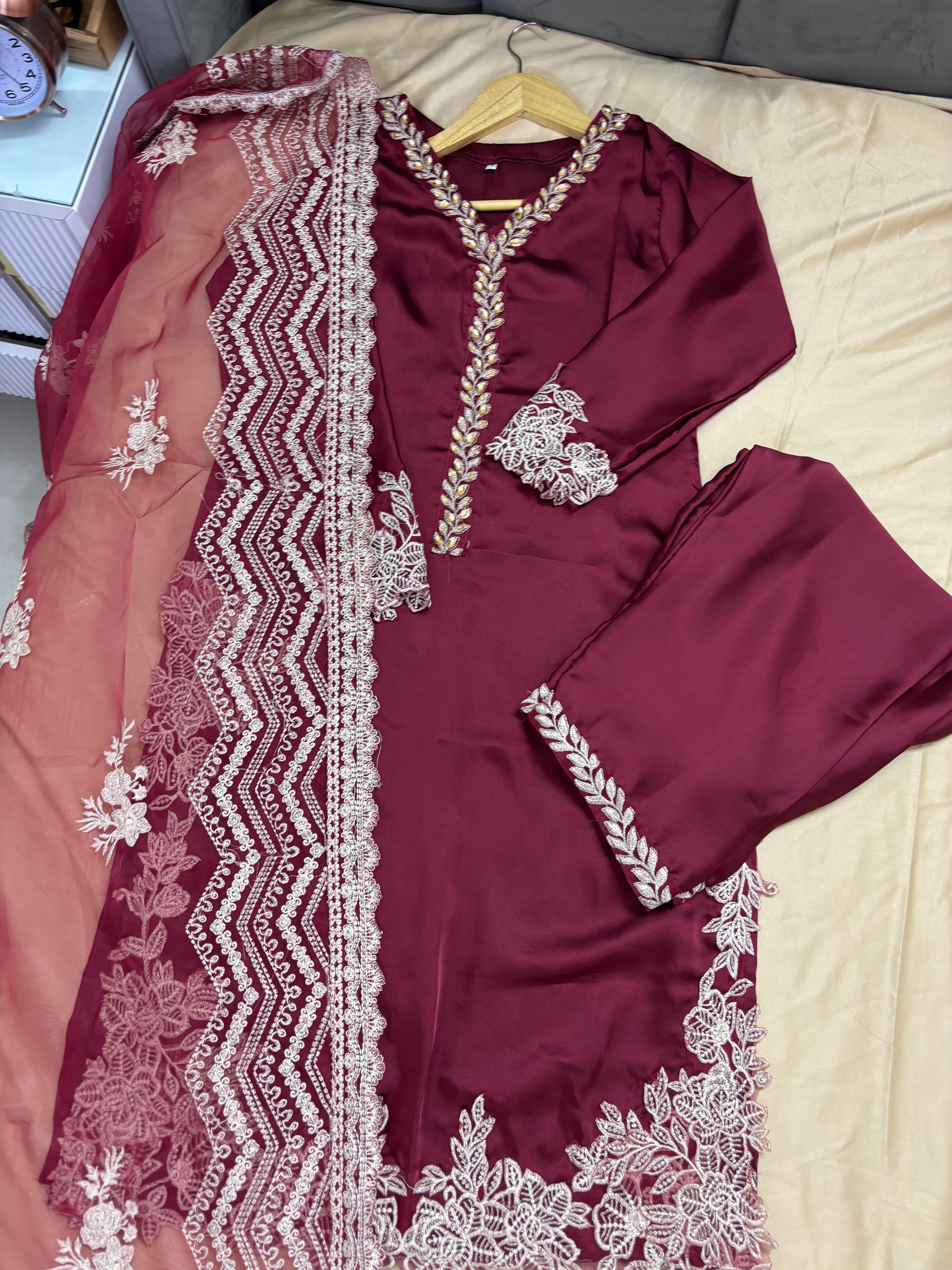 Afsana : Wine Embroidered Formal Three-Piece Suit
