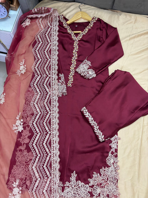 Afsana : Wine Embroidered Formal Three-Piece Suit