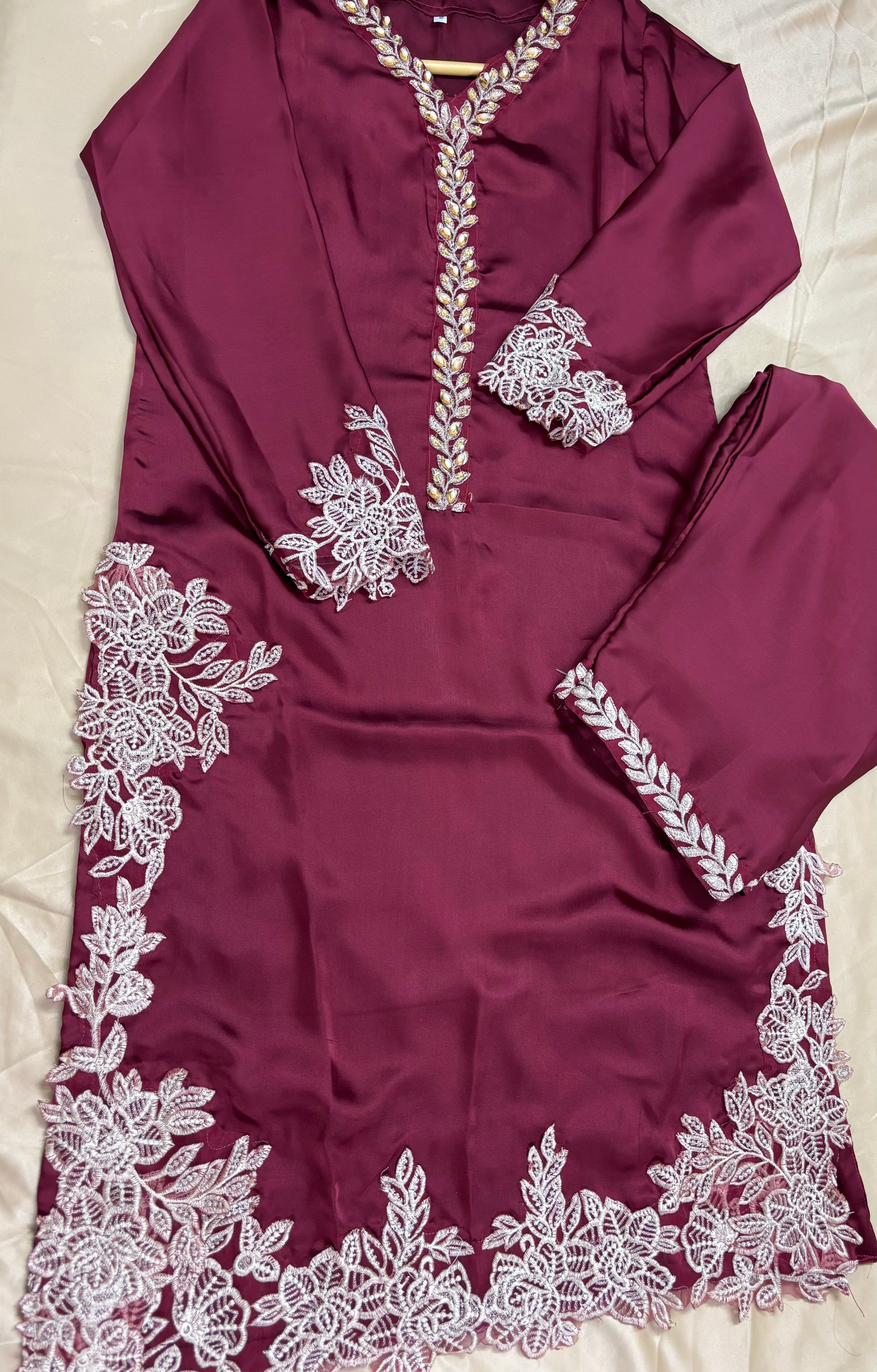 Afsana : Wine Embroidered Formal Three-Piece Suit