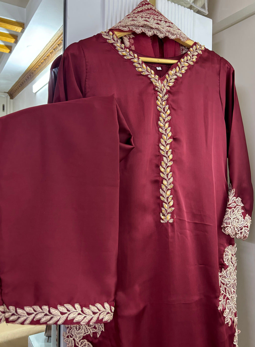 Afsana : Wine Embroidered Formal Three-Piece Suit