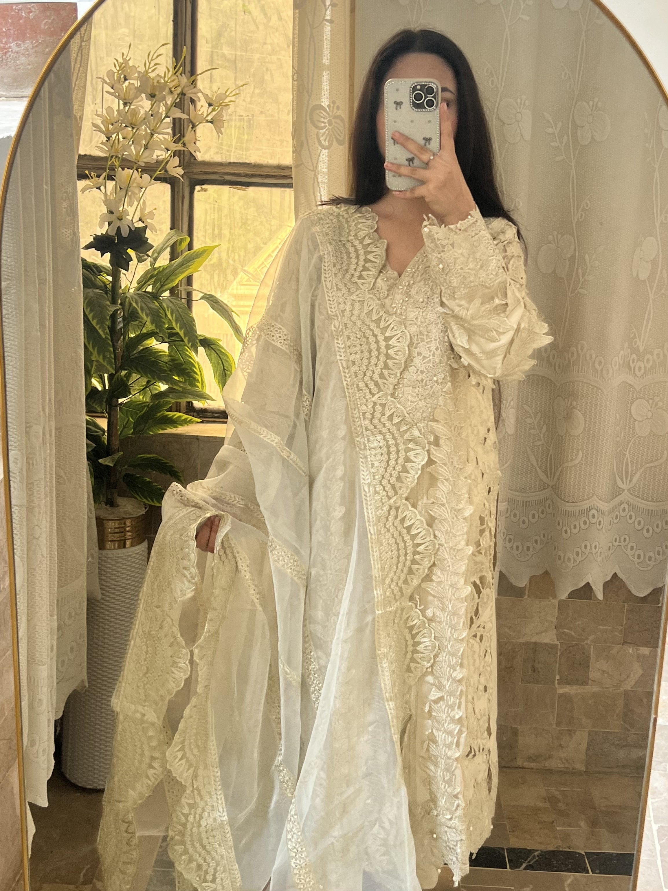 Name: Ivory Noor : Ivory Embroidered Formal Suit with Lace Dupatta