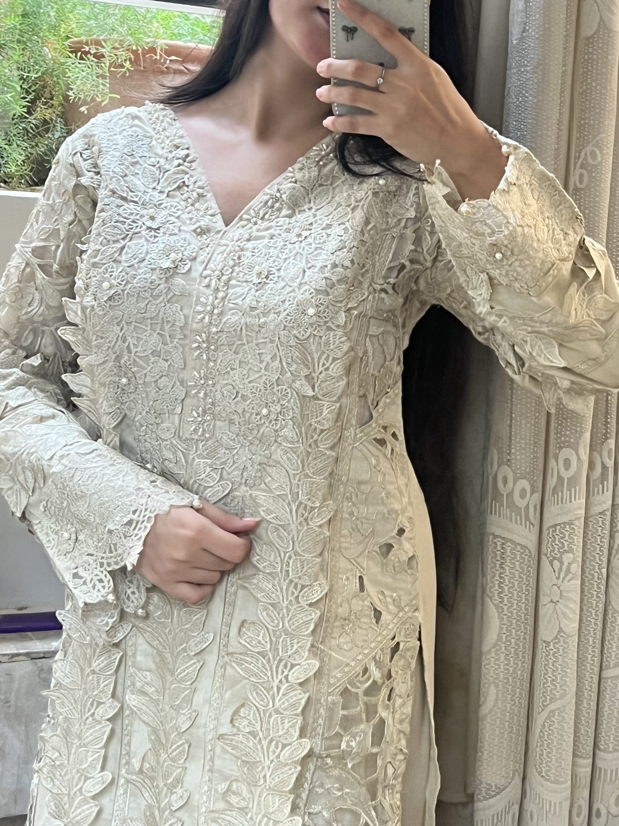 Name: Ivory Noor : Ivory Embroidered Formal Suit with Lace Dupatta