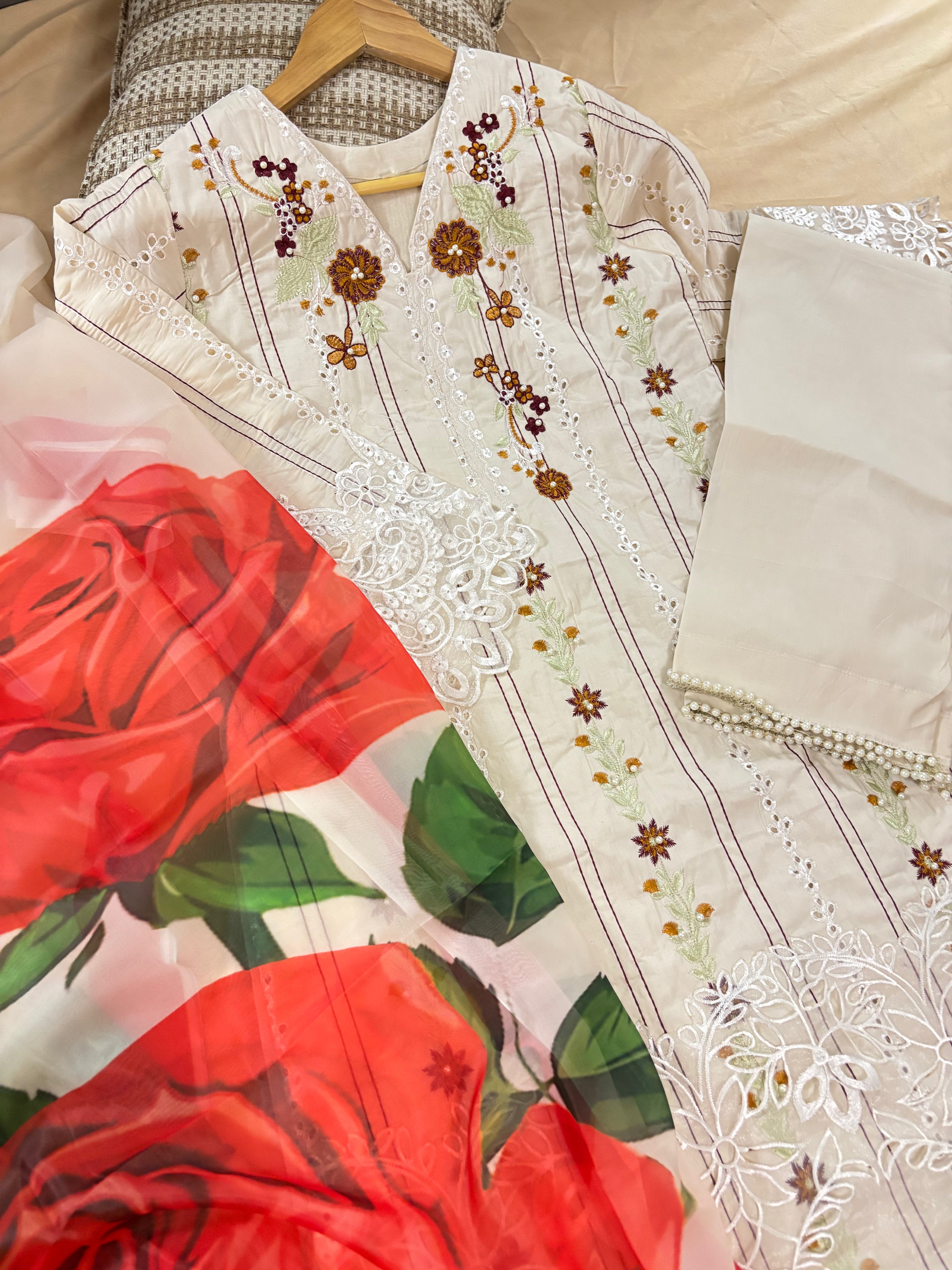 Roshan Ara : Ivory Floral Embroidered Three-Piece Suit with Rose Print Dupatta