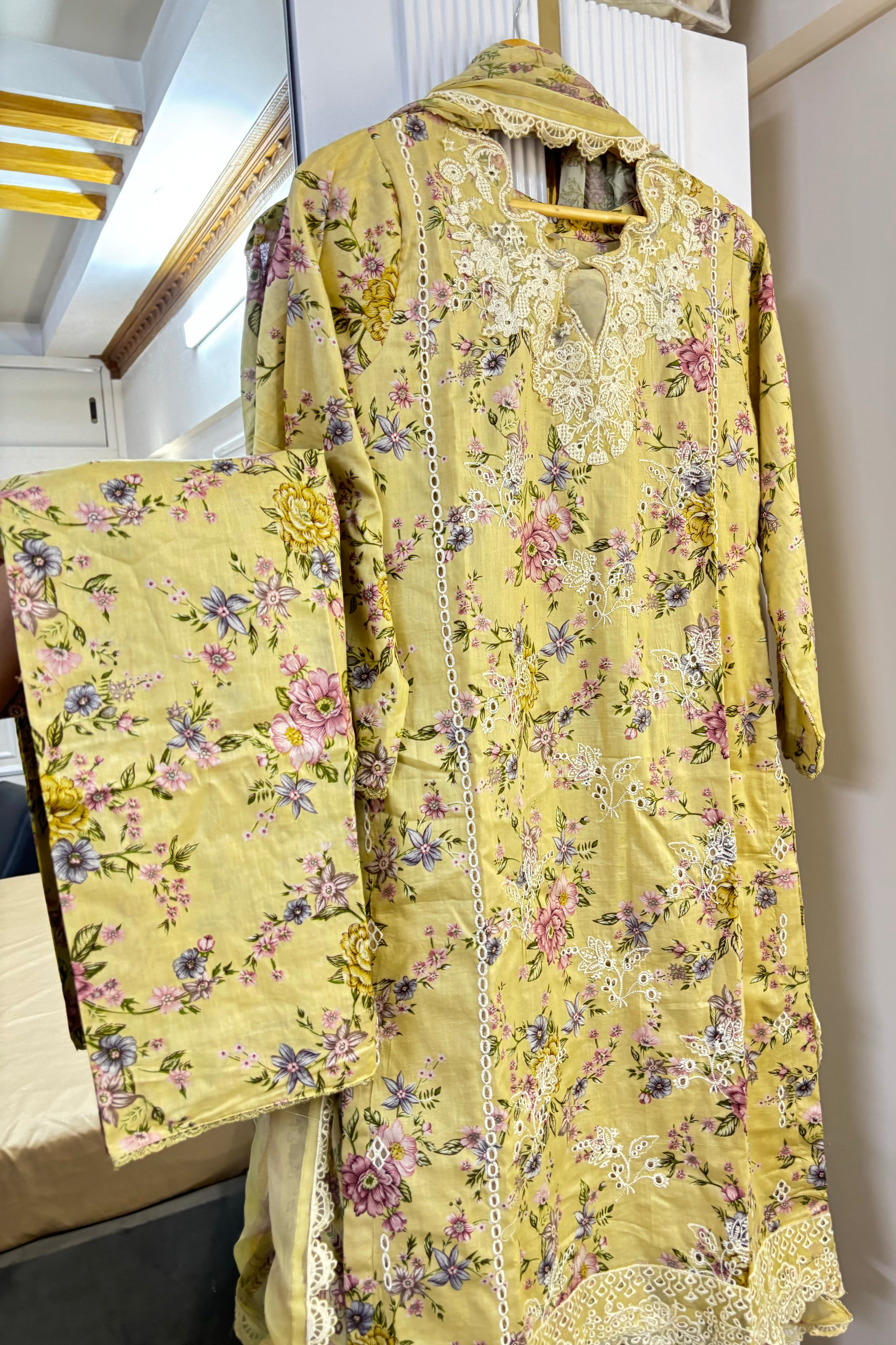 Ziya : Lime Green Floral Embroidered Three-Piece Suit