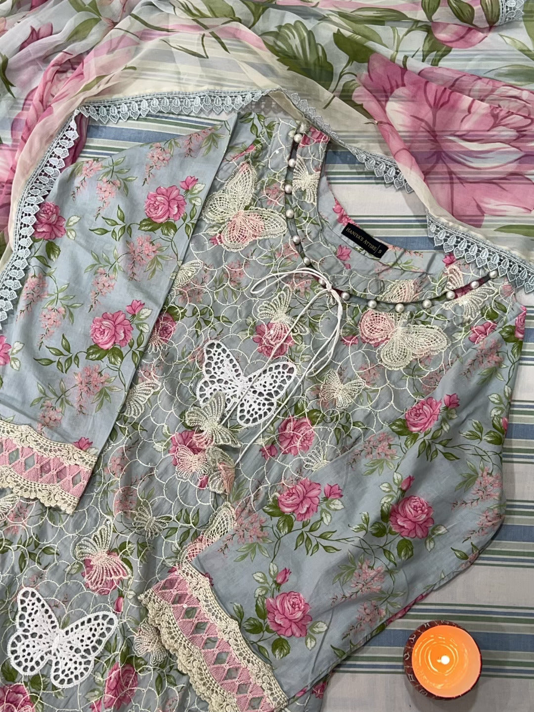 Name: Gulpari : Powder Blue Floral Embroidered Suit with Butterfly Detail Dupatta