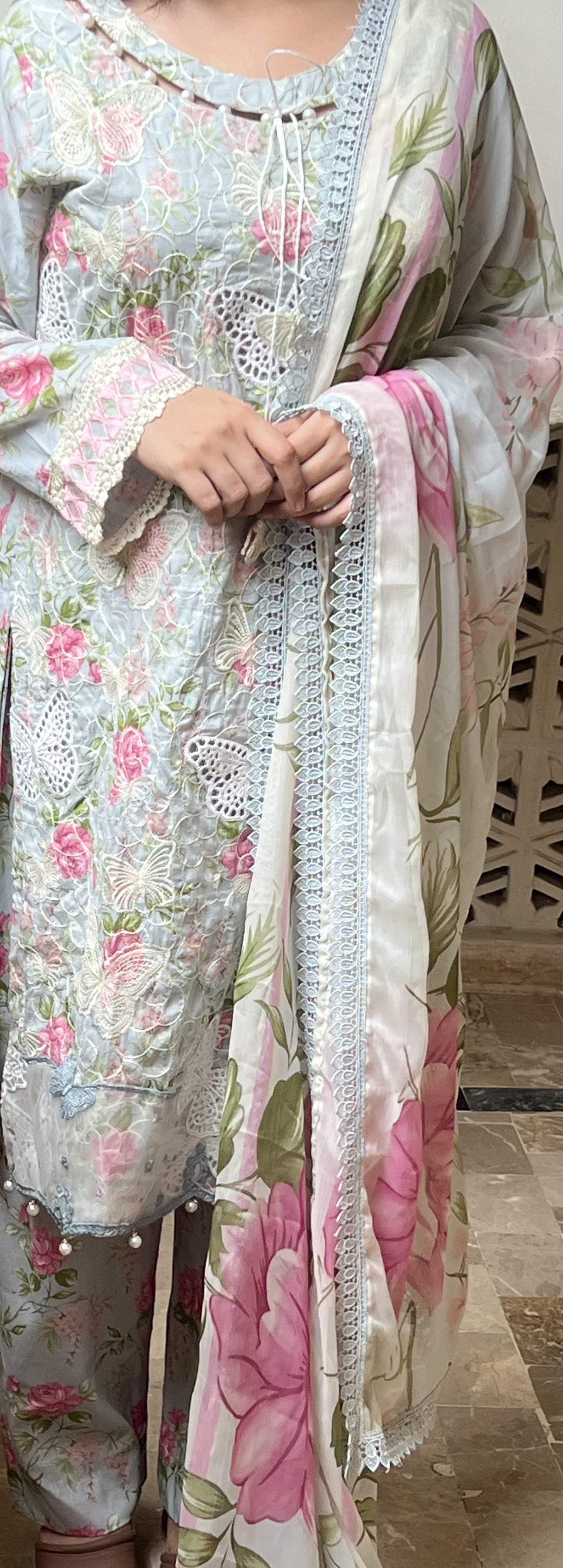 Name: Gulpari : Powder Blue Floral Embroidered Suit with Butterfly Detail Dupatta