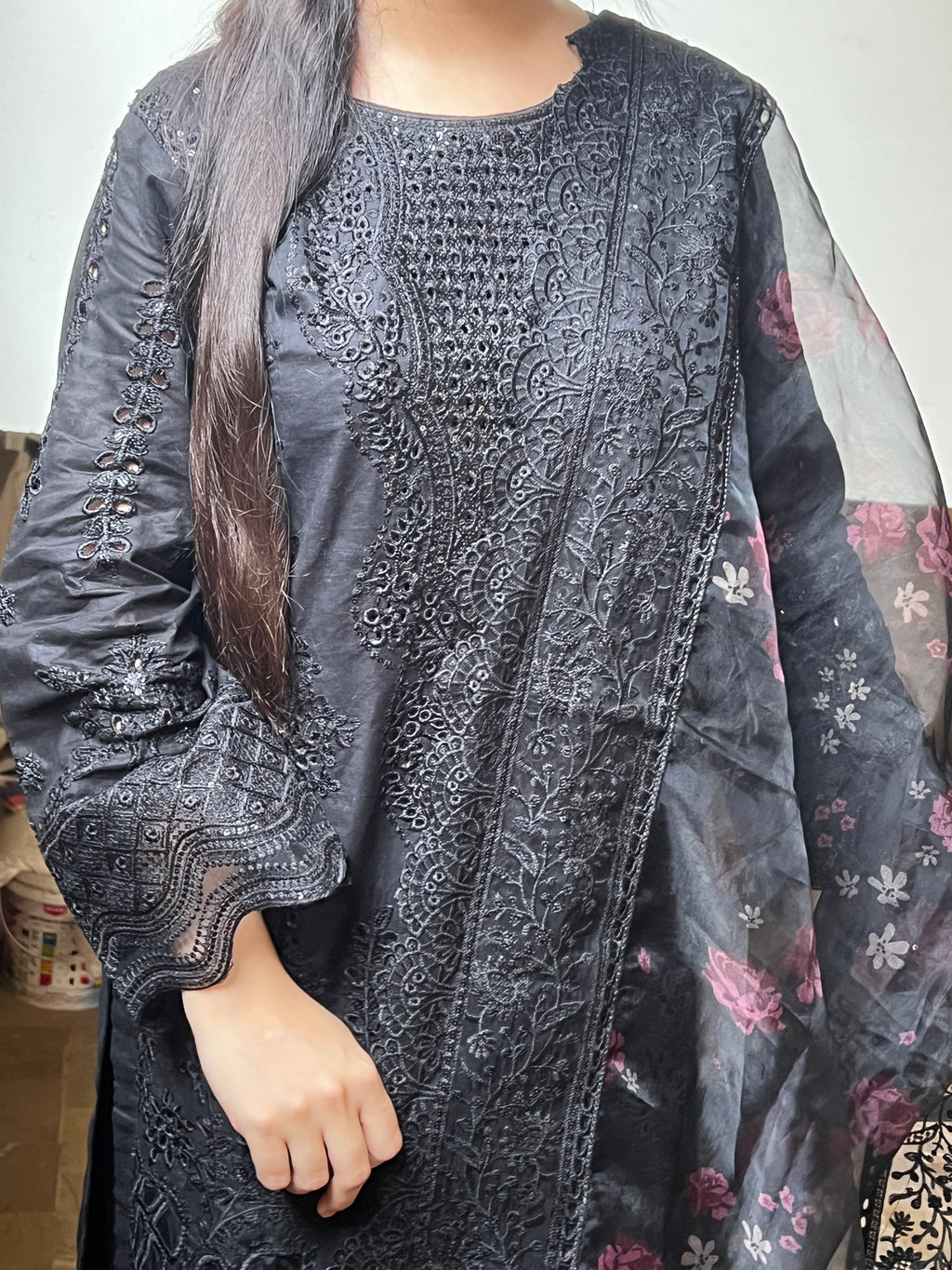 Noir Gul: Black Chikankari Suit with Floral Organza Dupatta
