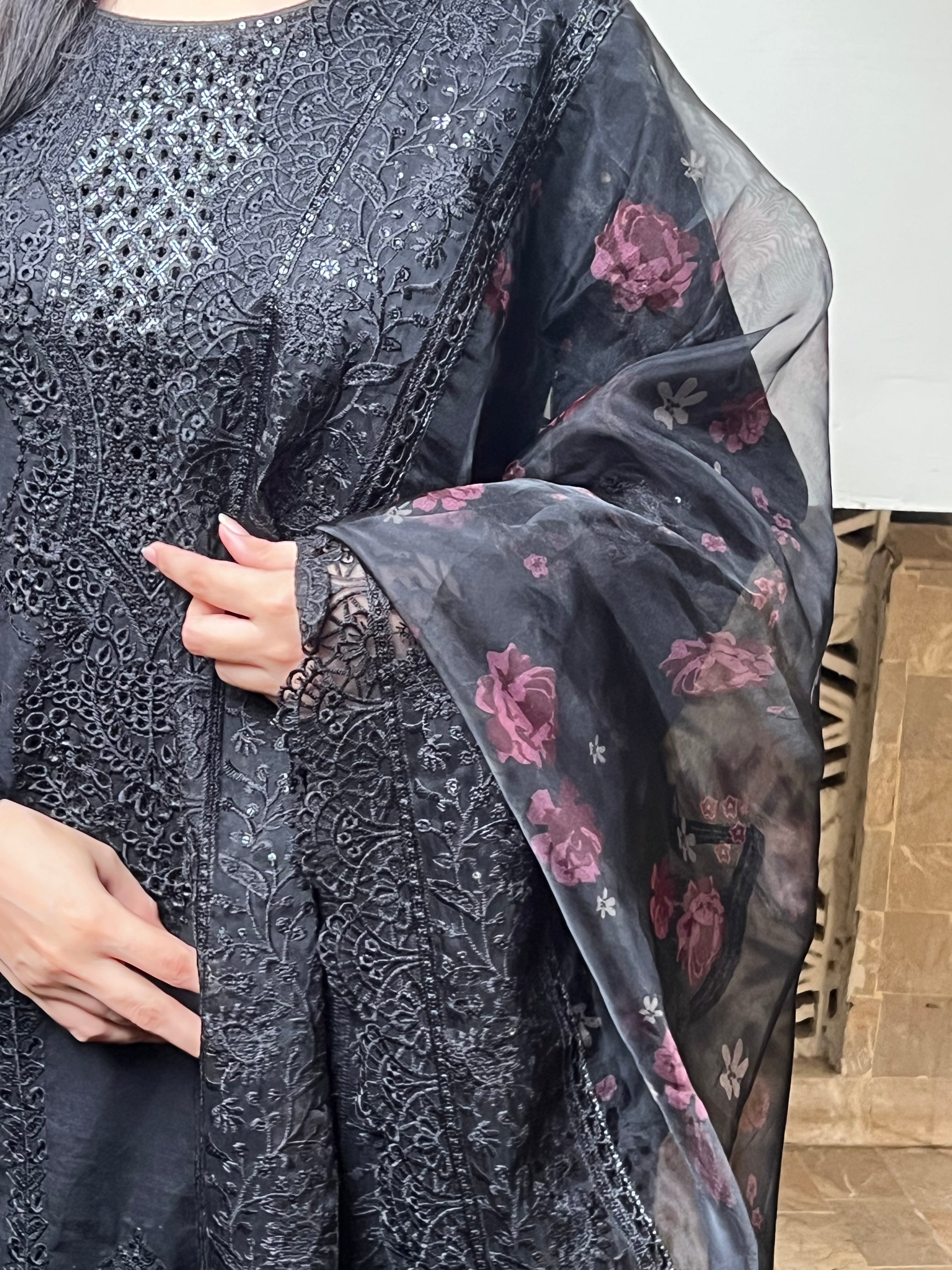 Noir Gul: Black Chikankari Suit with Floral Organza Dupatta