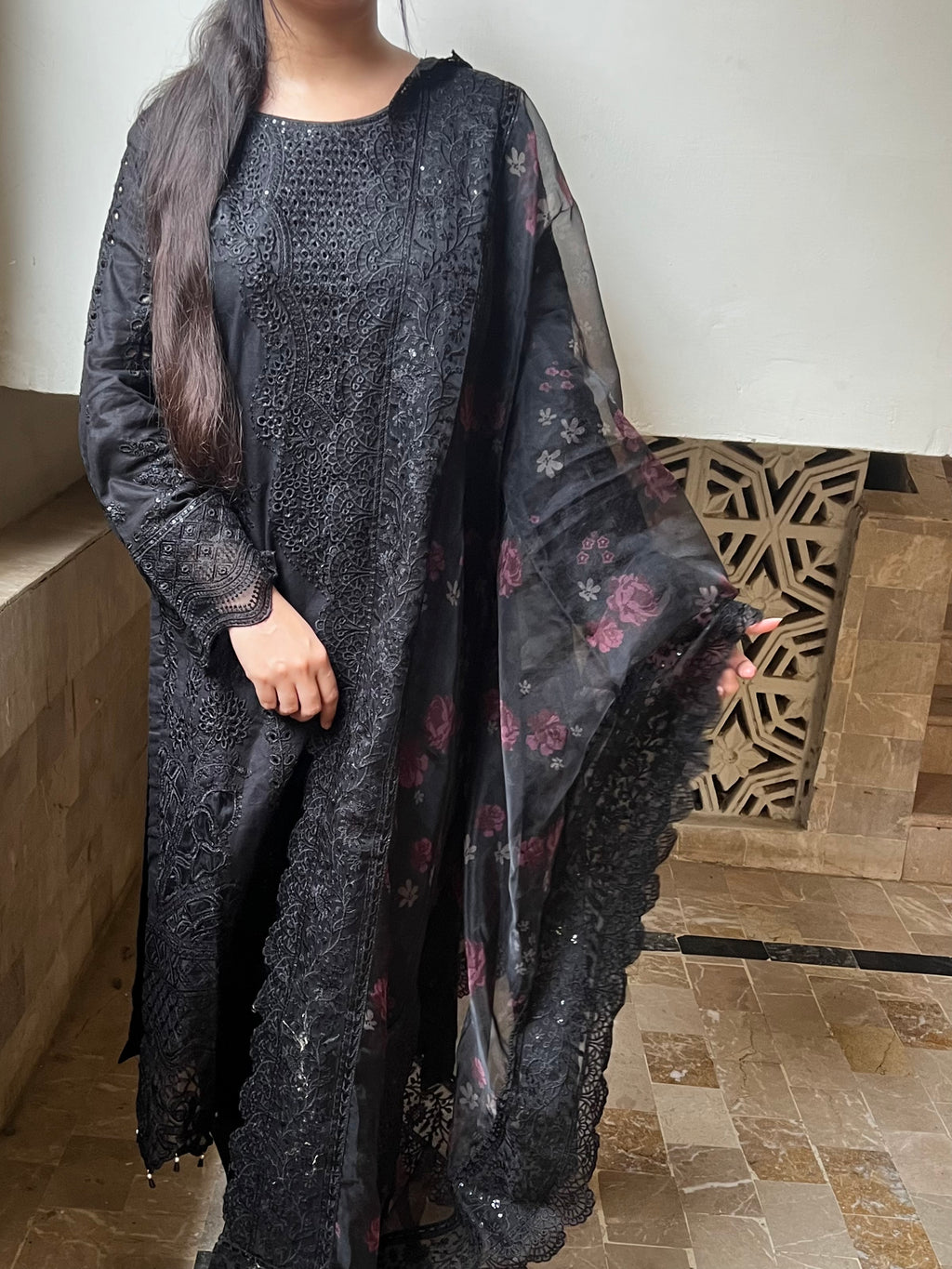 Noir Gul: Black Chikankari Suit with Floral Organza Dupatta