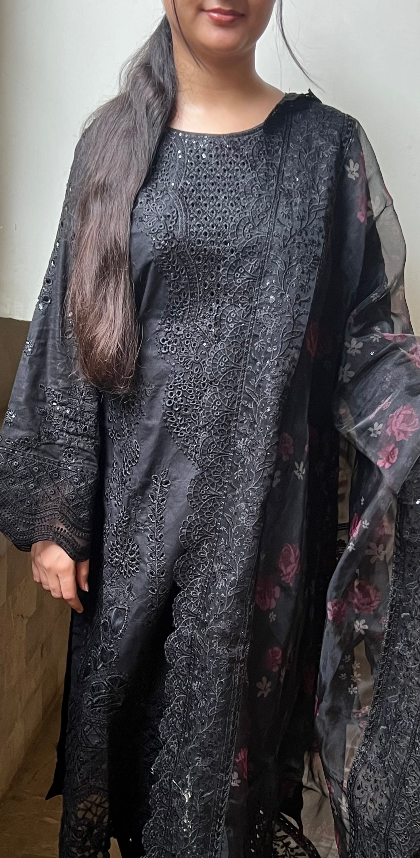 Noir Gul: Black Chikankari Suit with Floral Organza Dupatta
