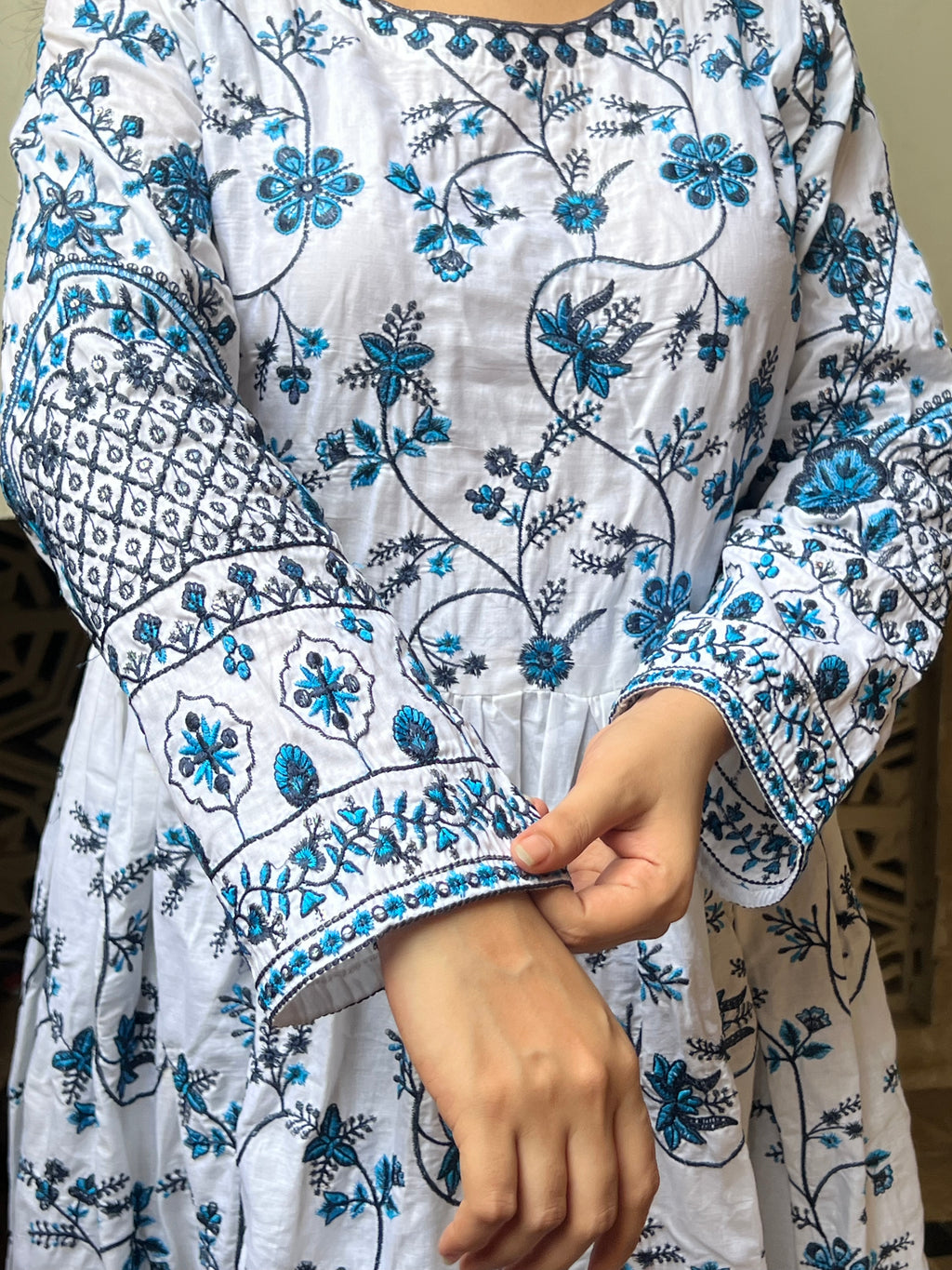 Neel Bahaar : White and Blue Embroidered Anarkali Suit with Dupatta