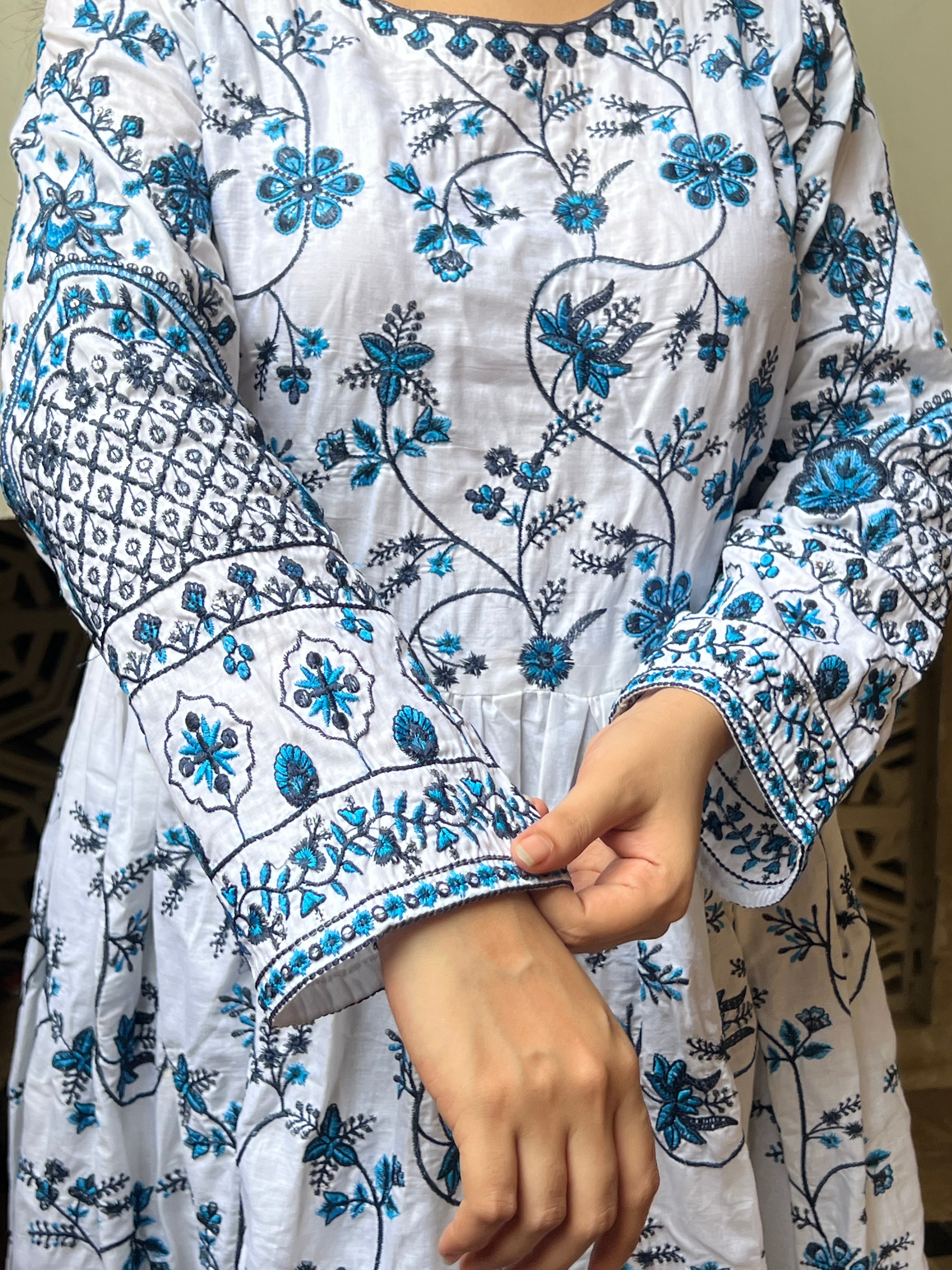 Neel Bahaar : White and Blue Embroidered Anarkali Suit with Dupatta