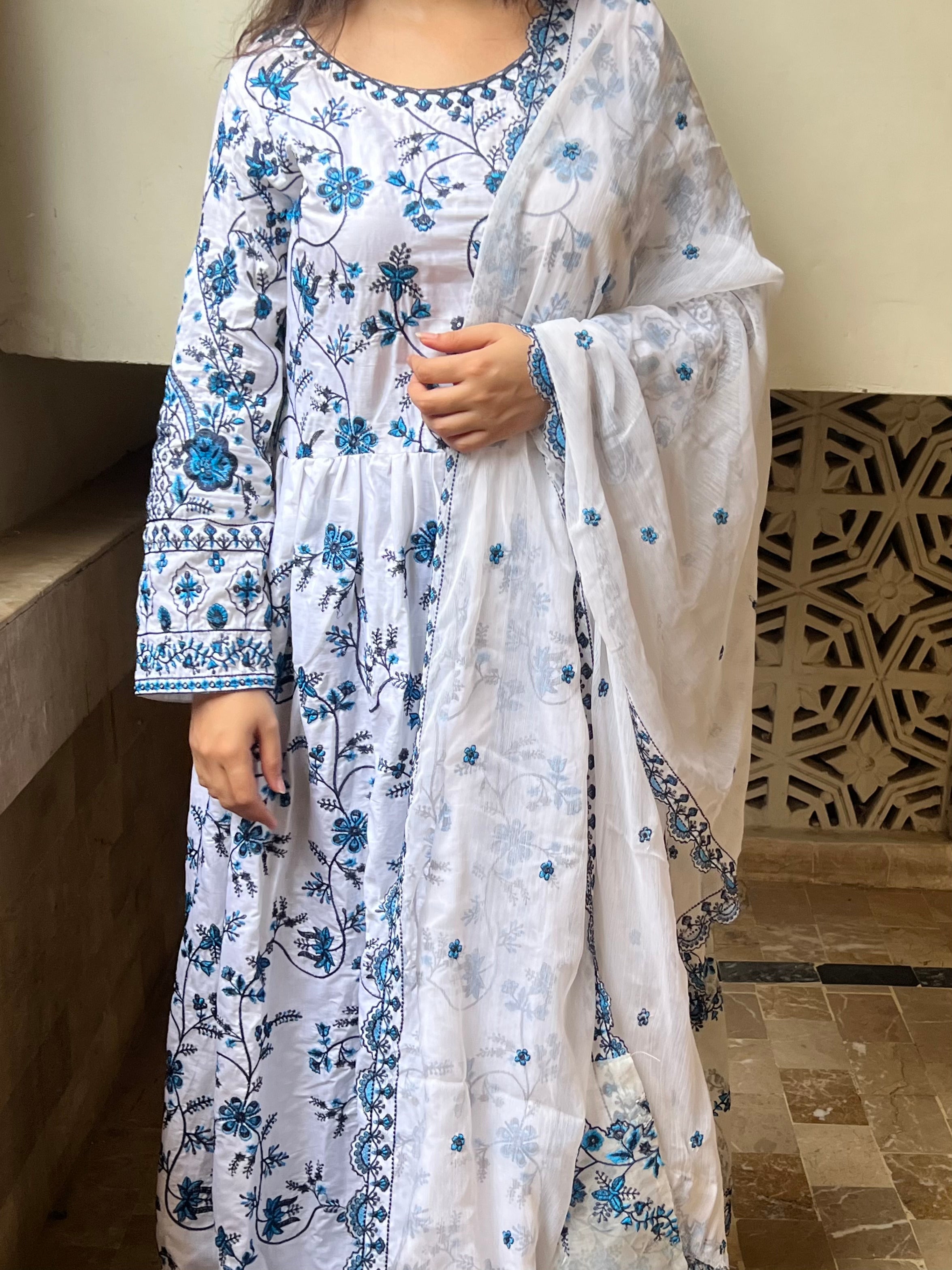 Neel Bahaar : White and Blue Embroidered Anarkali Suit with Dupatta