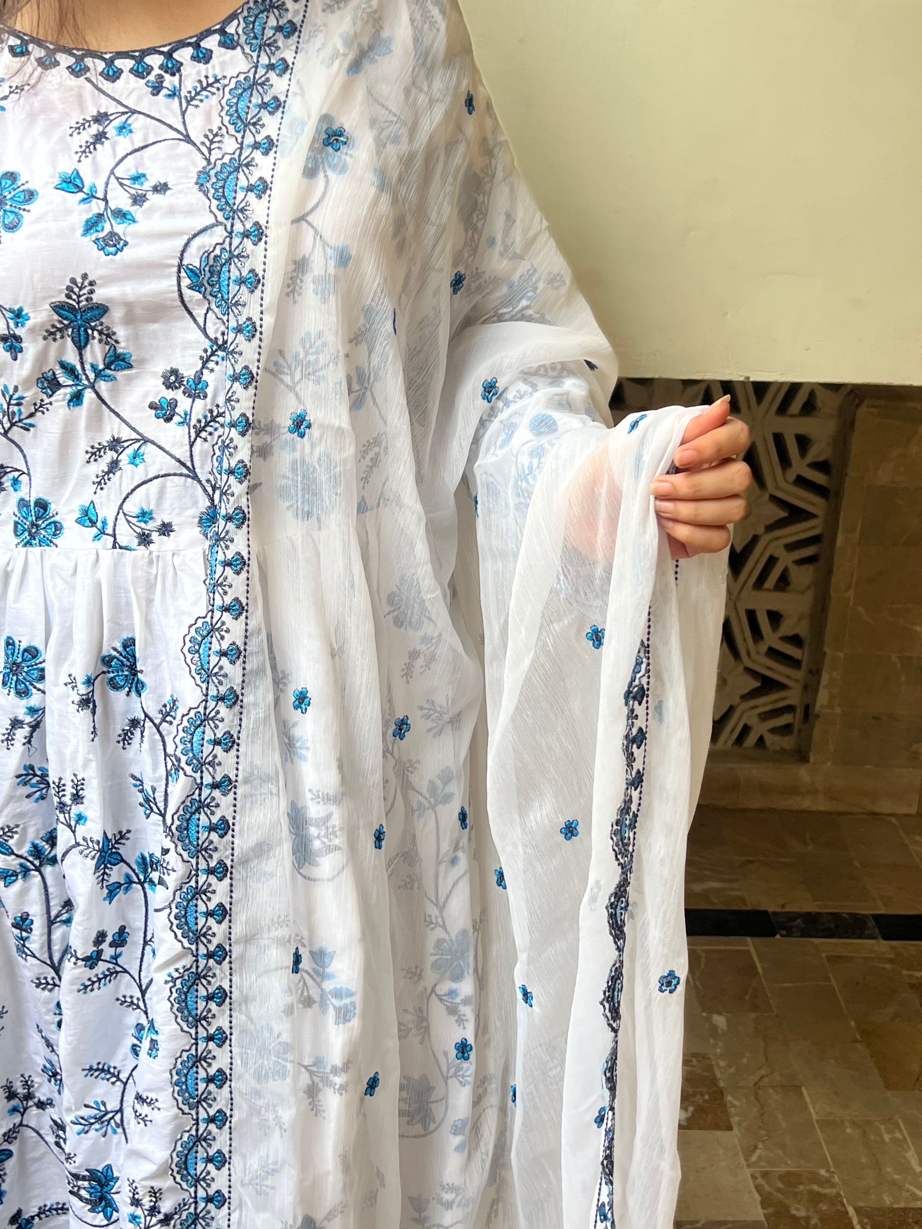 Neel Bahaar : White and Blue Embroidered Anarkali Suit with Dupatta