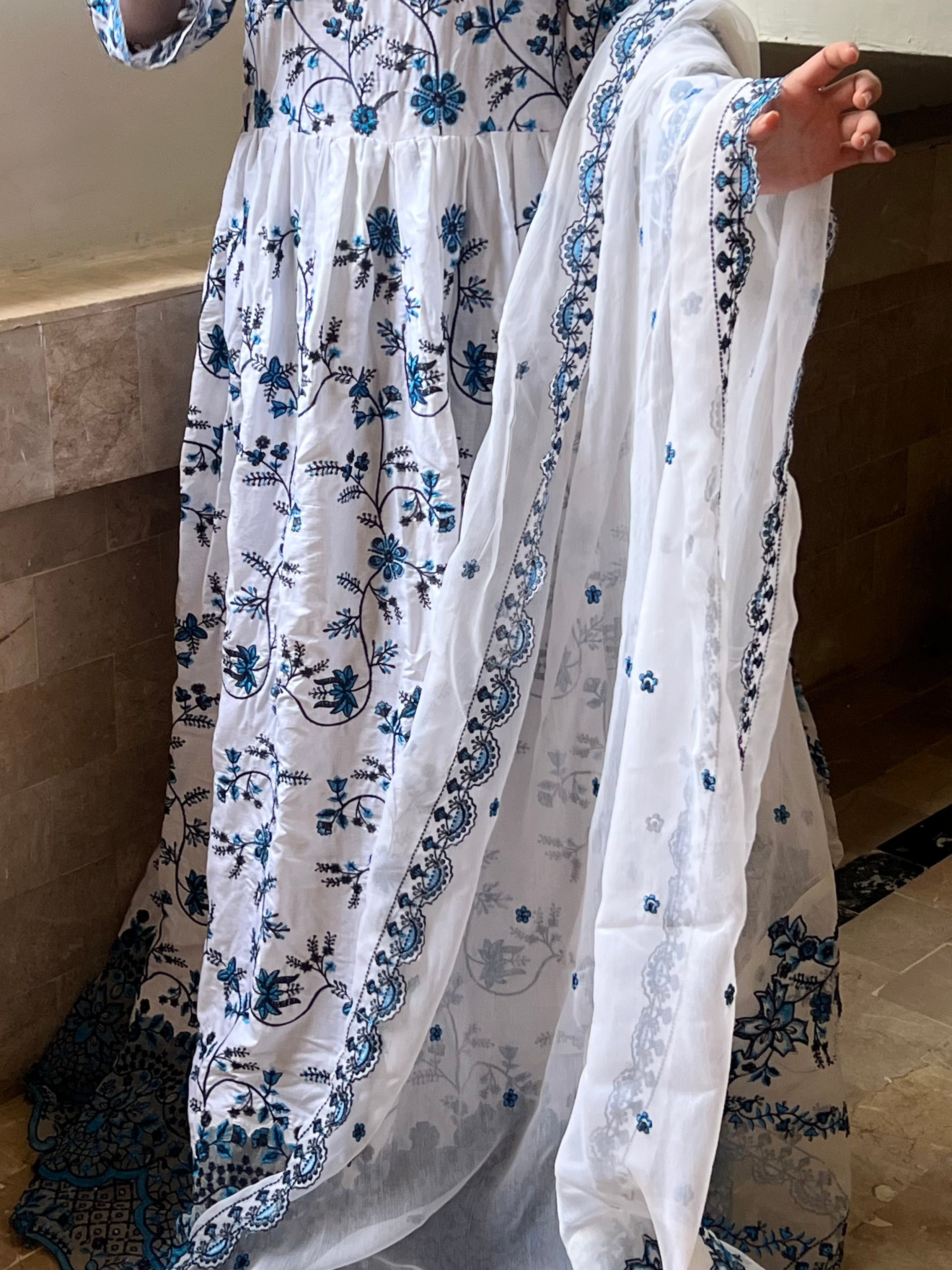 Neel Bahaar : White and Blue Embroidered Anarkali Suit with Dupatta