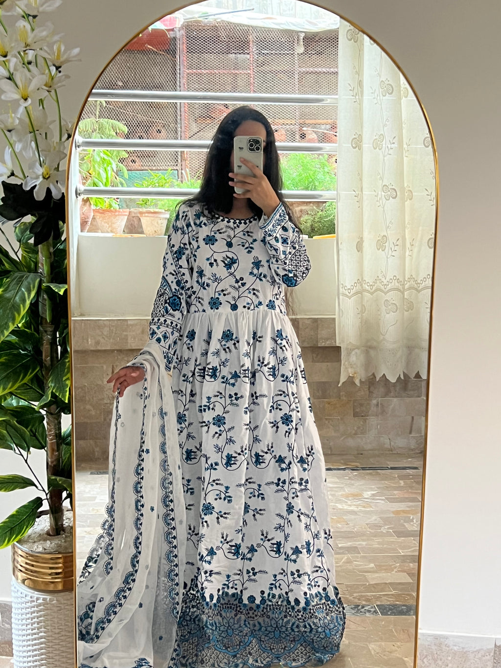 Neel Bahaar : White and Blue Embroidered Anarkali Suit with Dupatta