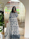 Neel Bahaar : White and Blue Embroidered Anarkali Suit with Dupatta