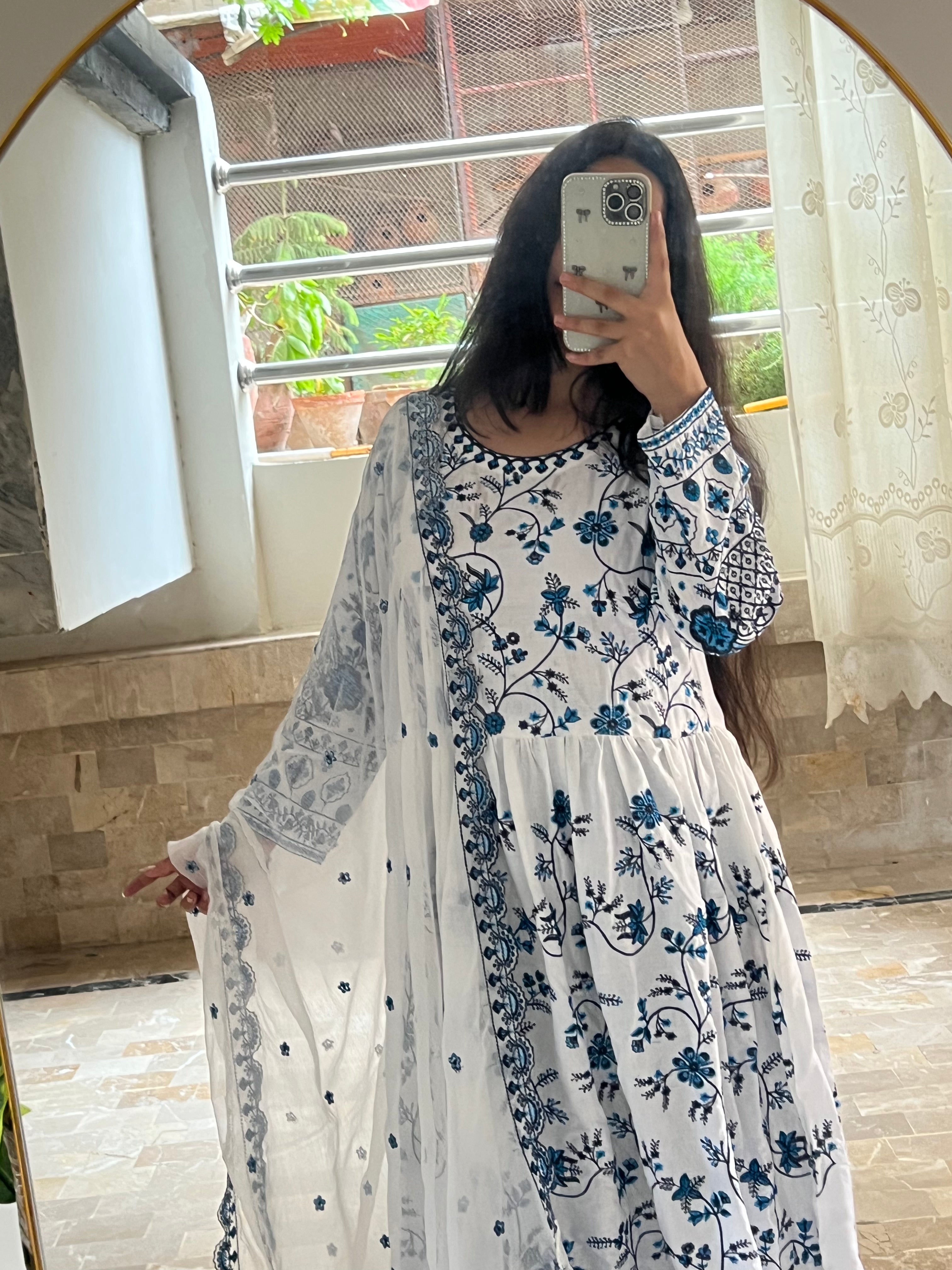 Neel Bahaar : White and Blue Embroidered Anarkali Suit with Dupatta