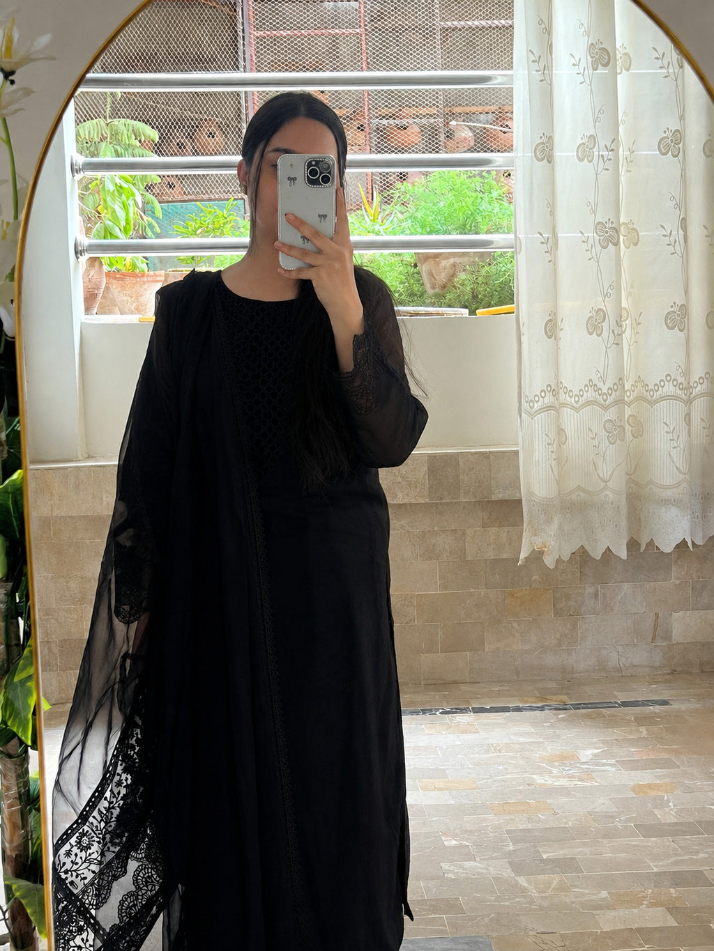 Noir Gul: Black Chikankari Suit with Floral Organza Dupatta