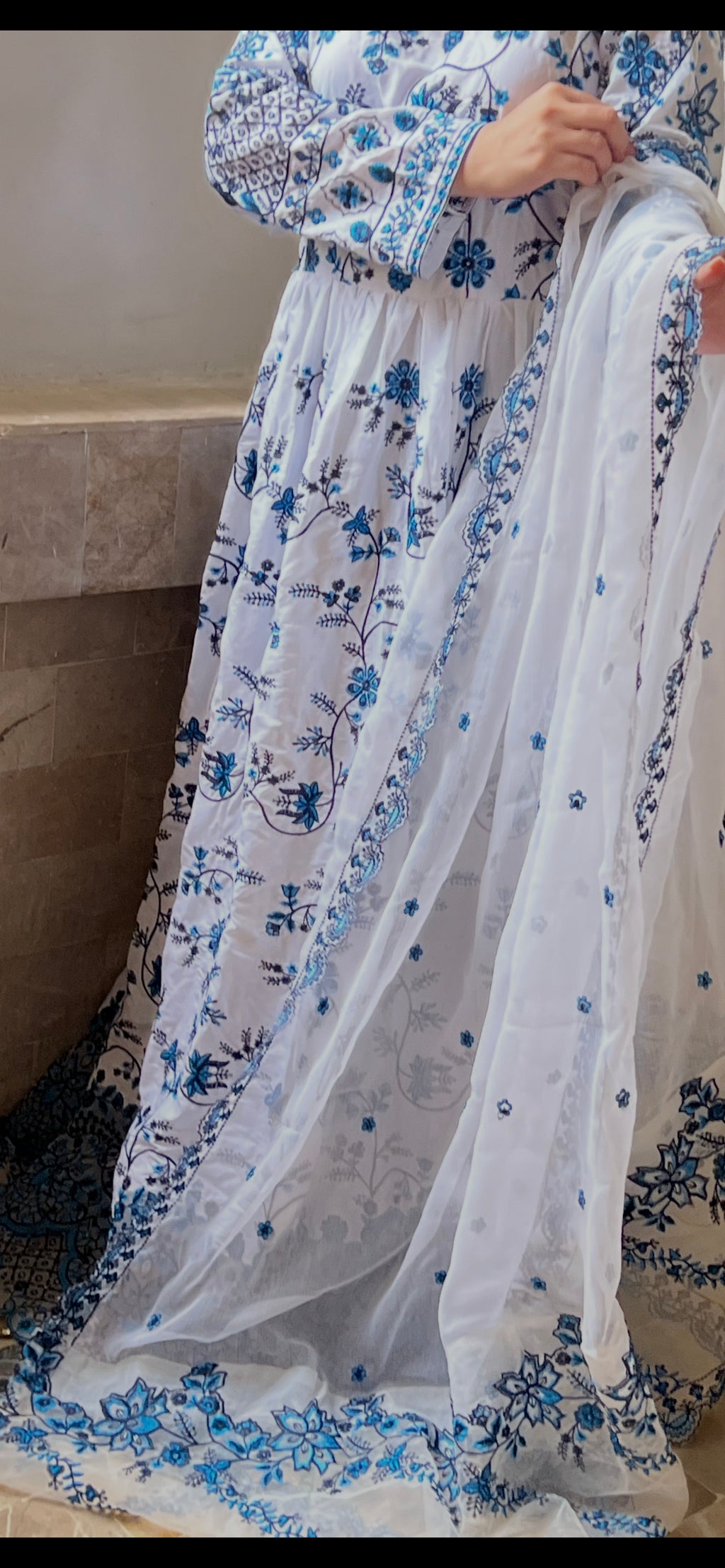 Neel Bahaar : White and Blue Embroidered Anarkali Suit with Dupatta