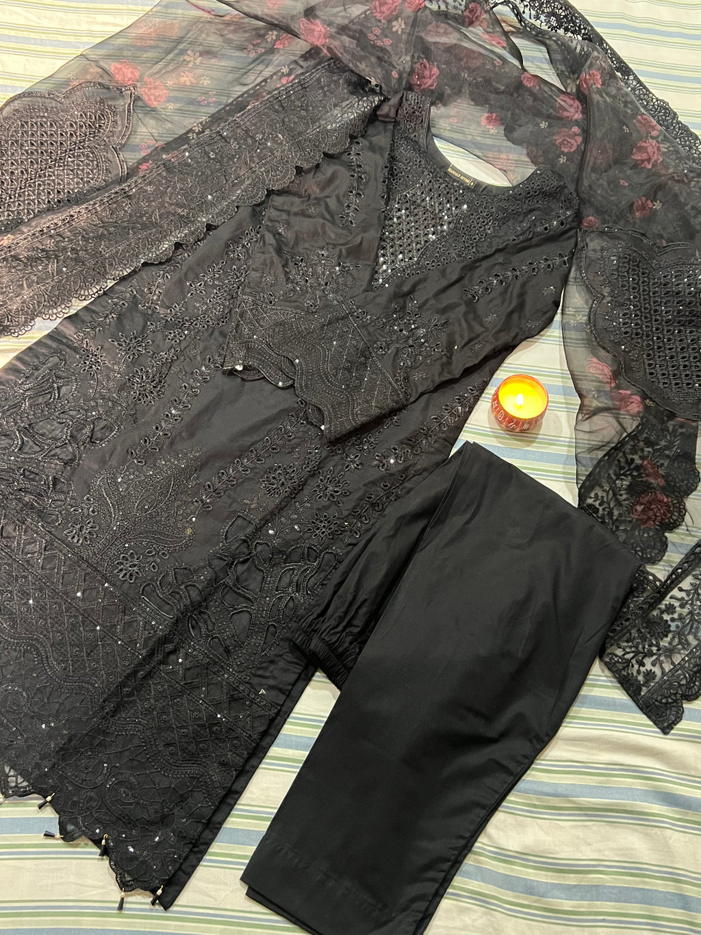 Noir Gul: Black Chikankari Suit with Floral Organza Dupatta