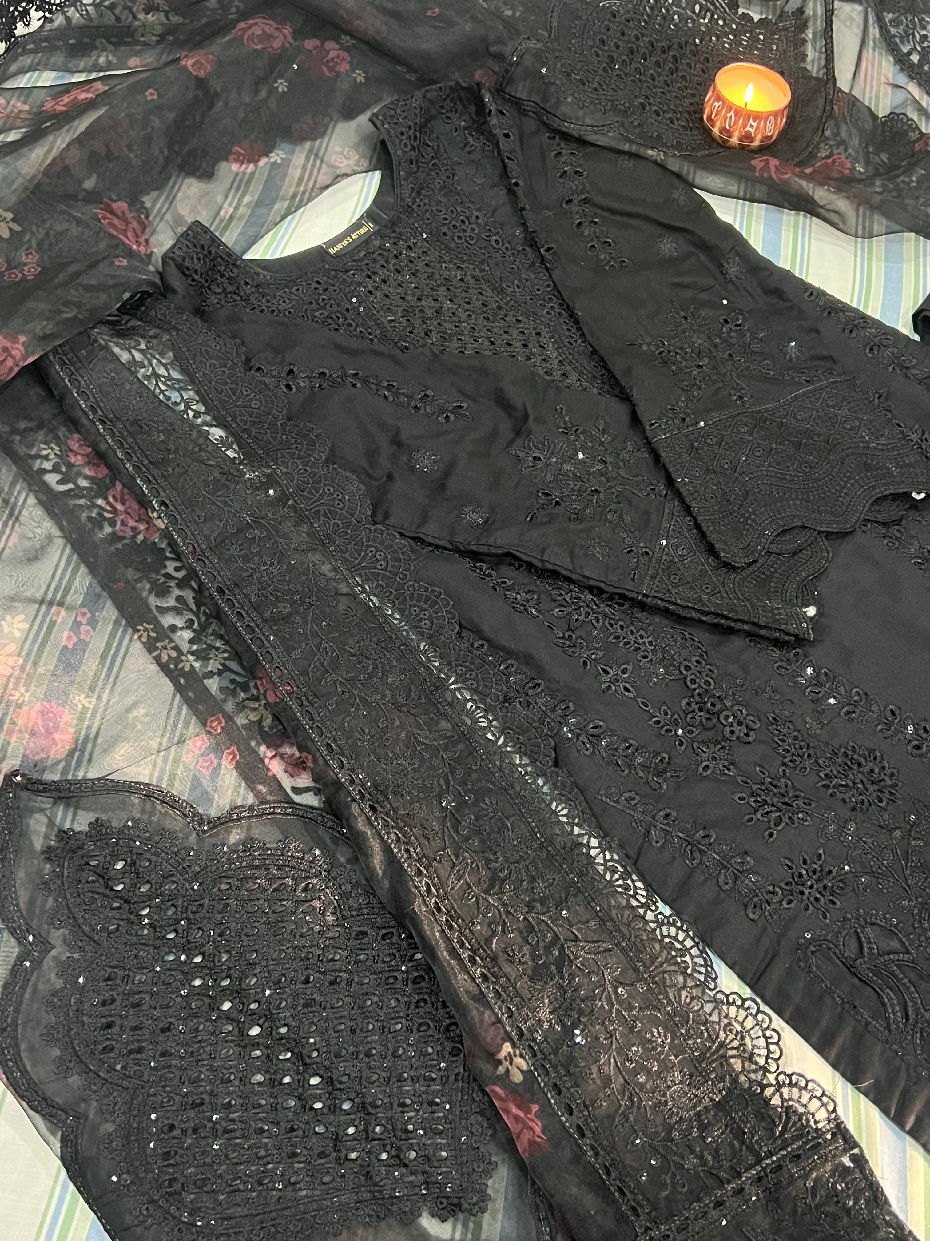 Noir Gul: Black Chikankari Suit with Floral Organza Dupatta