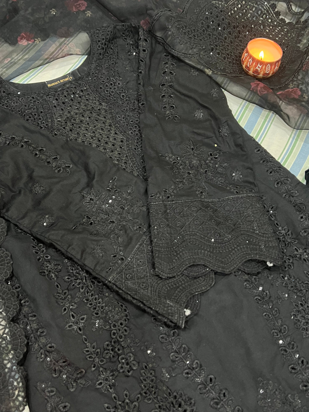 Noir Gul: Black Chikankari Suit with Floral Organza Dupatta