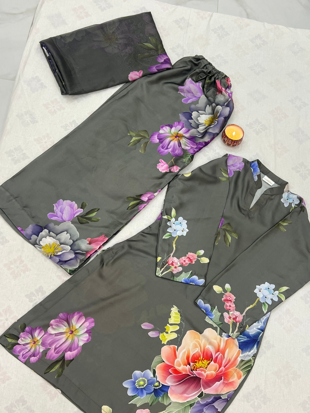 Raina : Charcoal Grey Floral Silk Three-Piece Suit