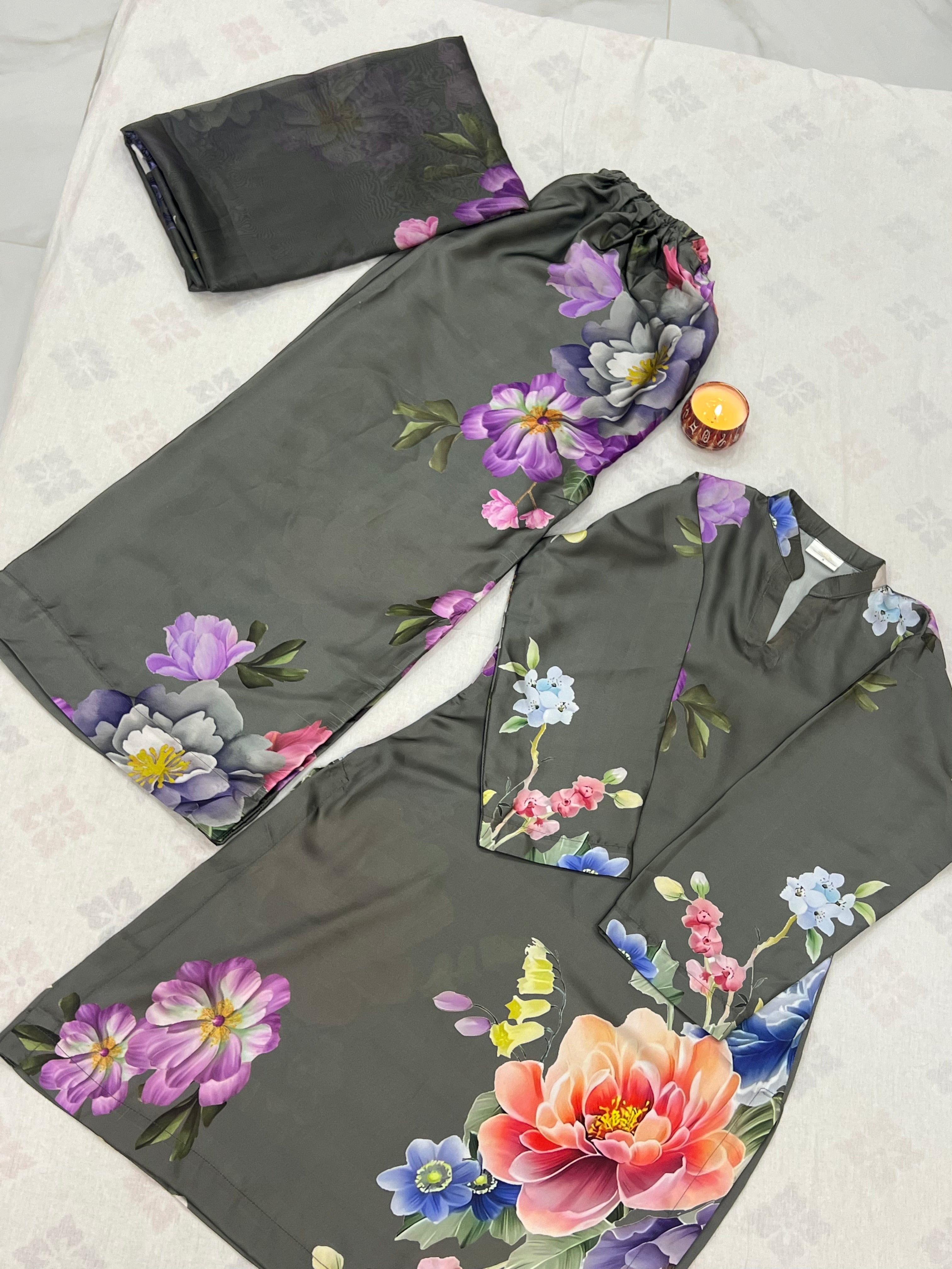 Raina : Charcoal Grey Floral Silk Three-Piece Suit