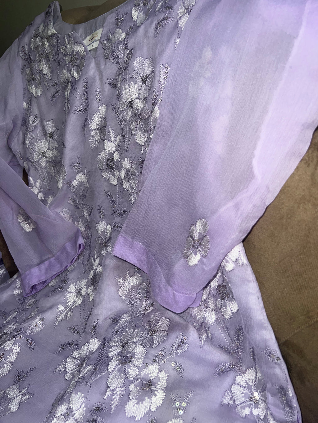 Lila Noor : Lilac Embroidered Three-Piece Suit with Chiffon Dupatta