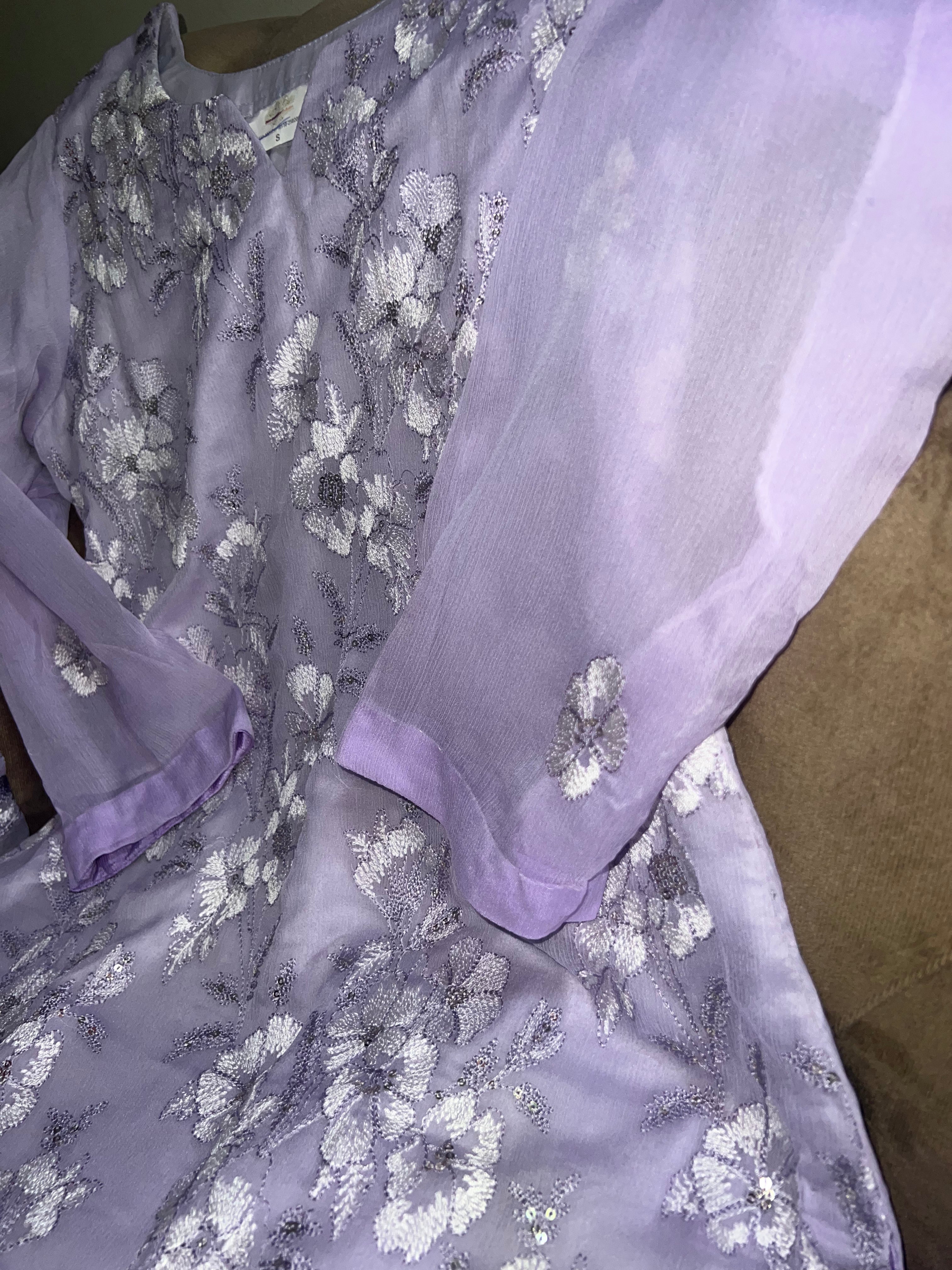 Lila Noor : Lilac Embroidered Three-Piece Suit with Chiffon Dupatta