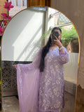 Lila Noor : Lilac Embroidered Three-Piece Suit with Chiffon Dupatta