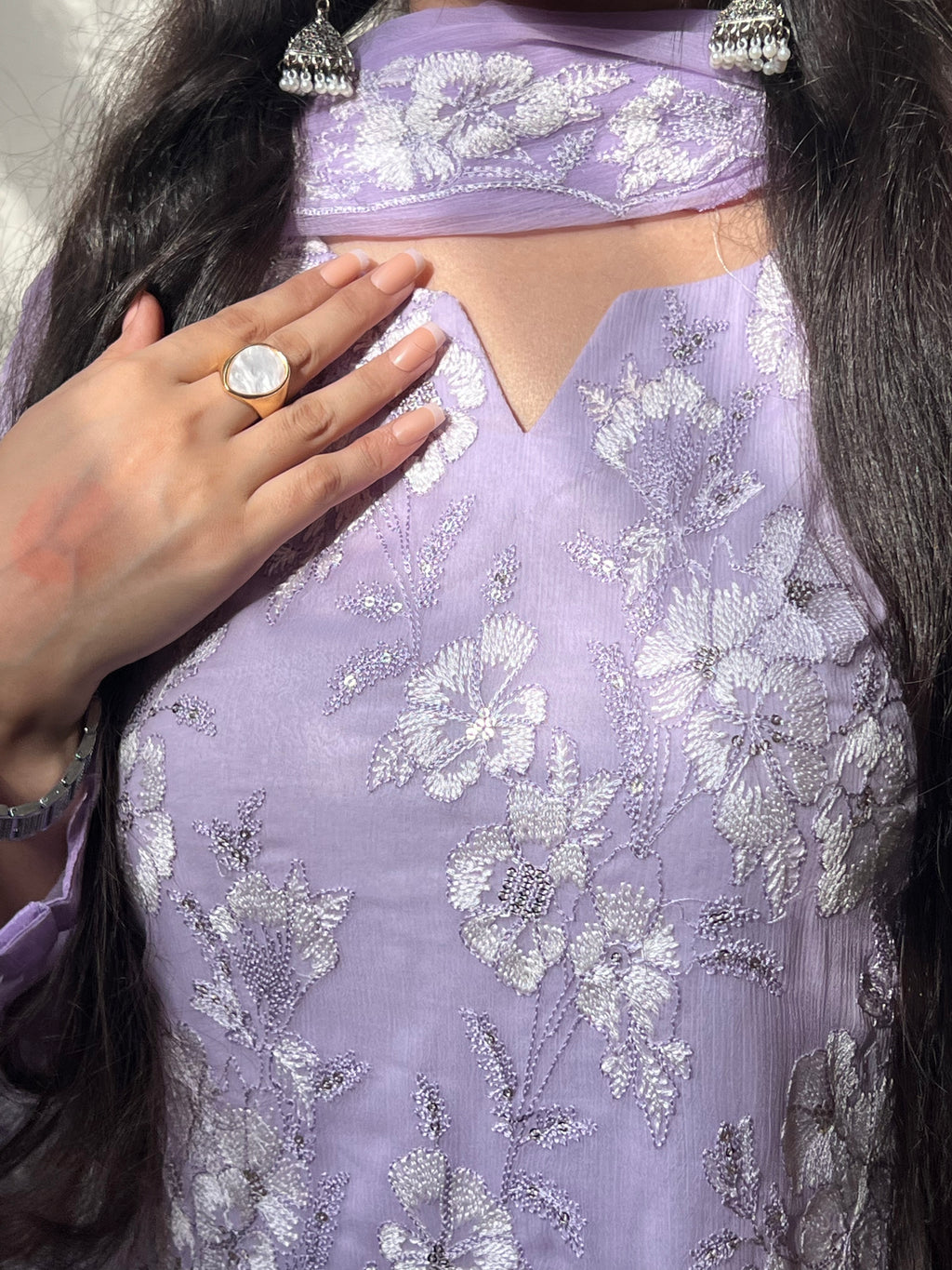 Lila Noor : Lilac Embroidered Three-Piece Suit with Chiffon Dupatta