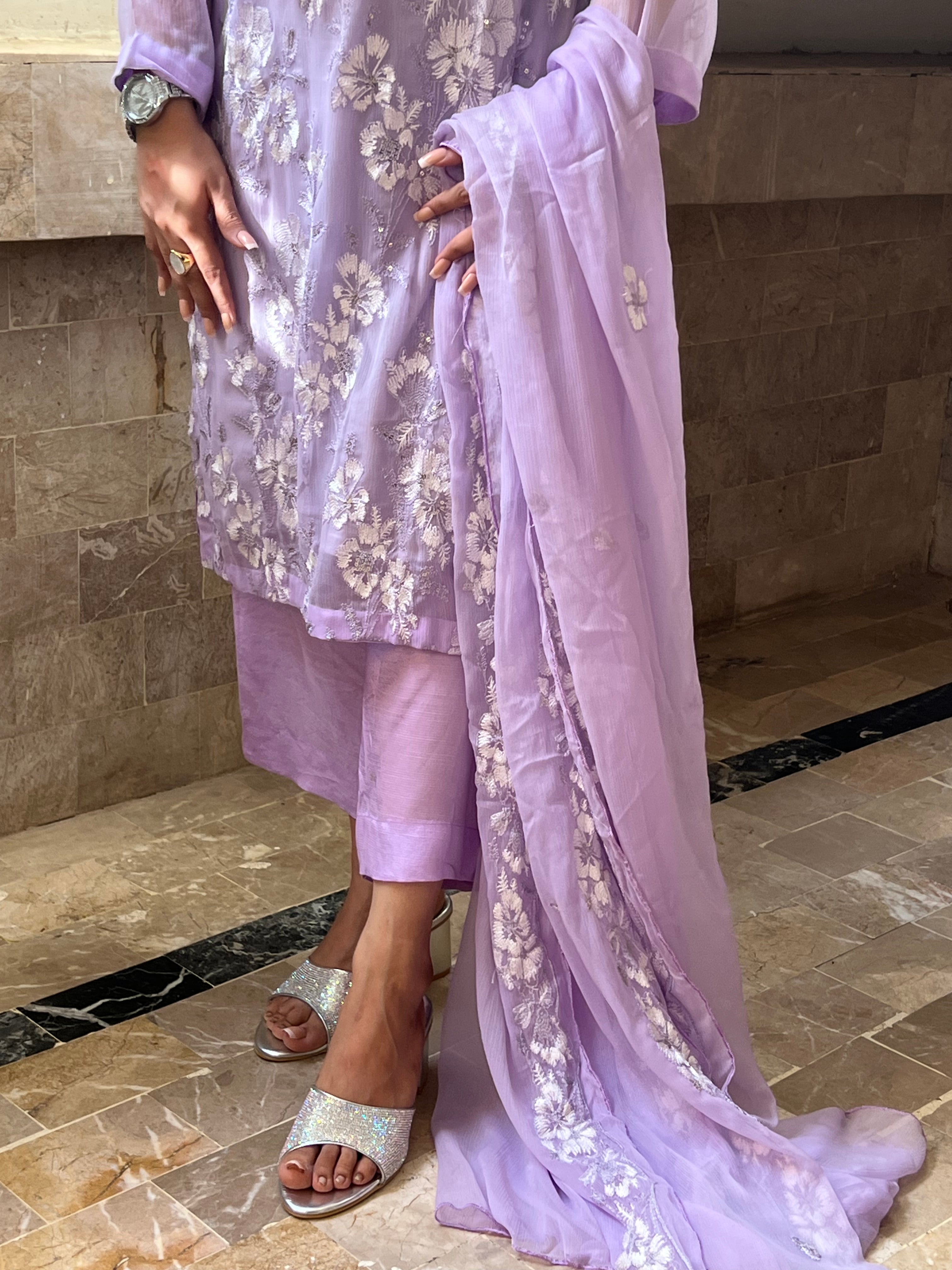 Lila Noor : Lilac Embroidered Three-Piece Suit with Chiffon Dupatta