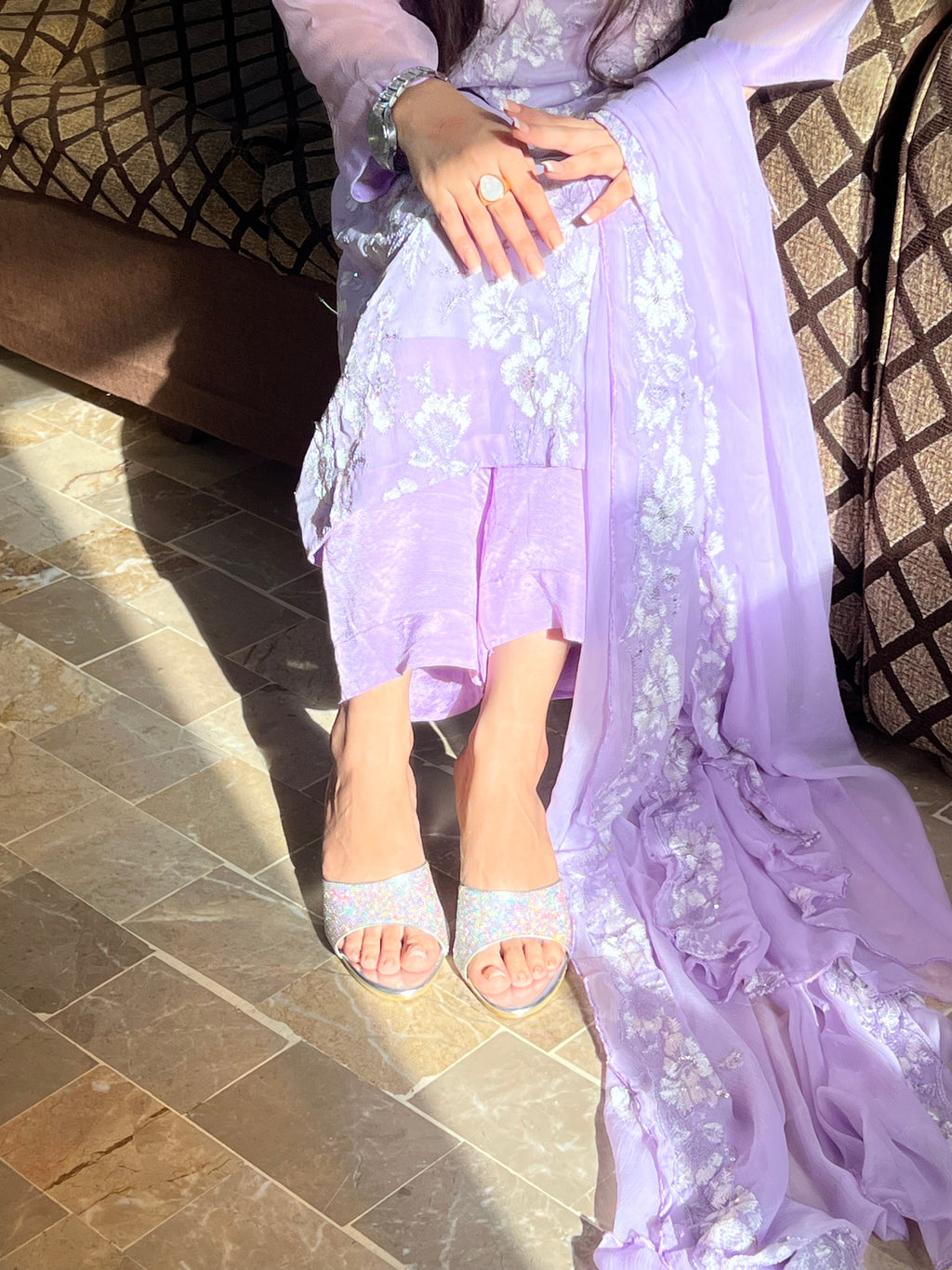 Lila Noor : Lilac Embroidered Three-Piece Suit with Chiffon Dupatta