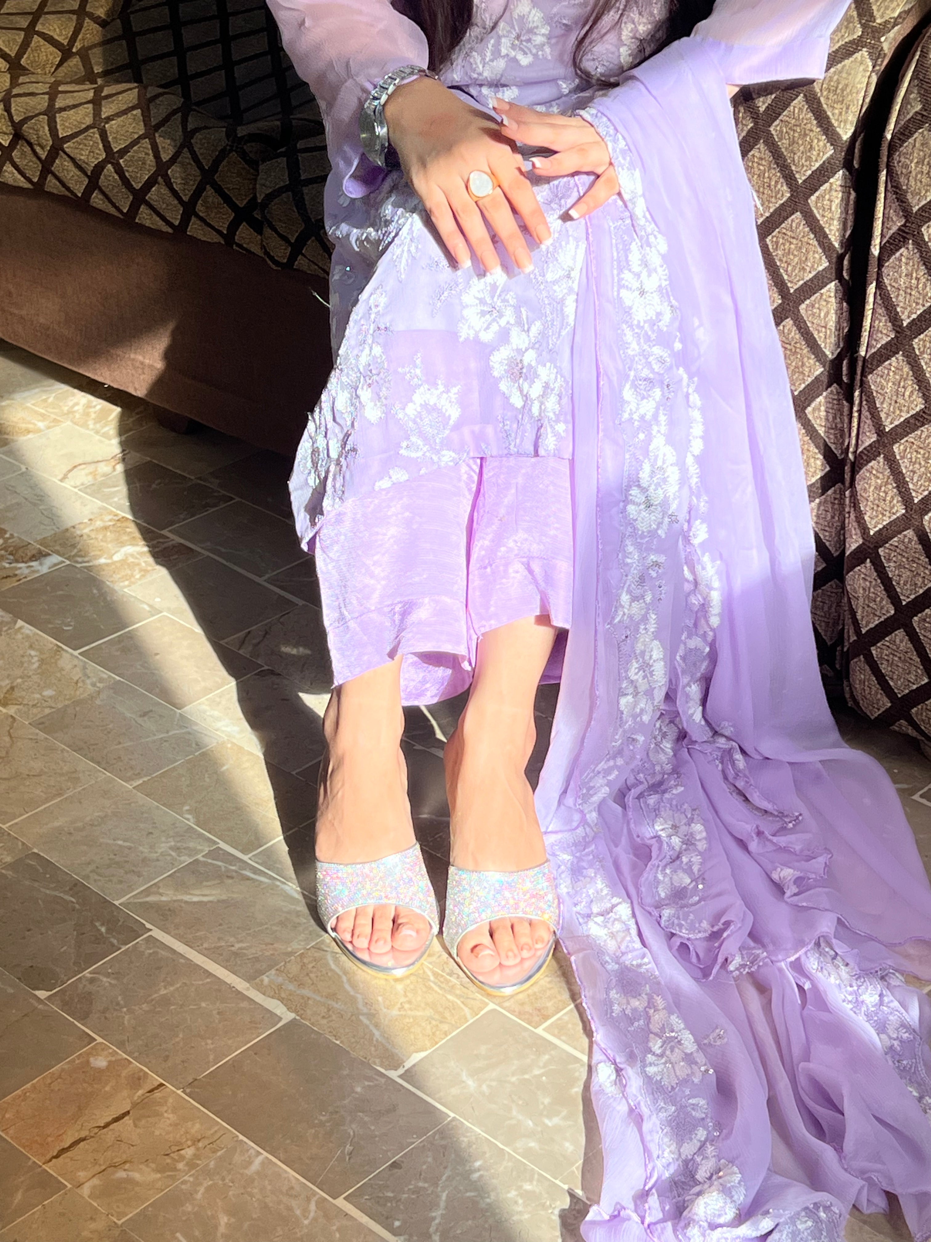 Lila Noor : Lilac Embroidered Three-Piece Suit with Chiffon Dupatta
