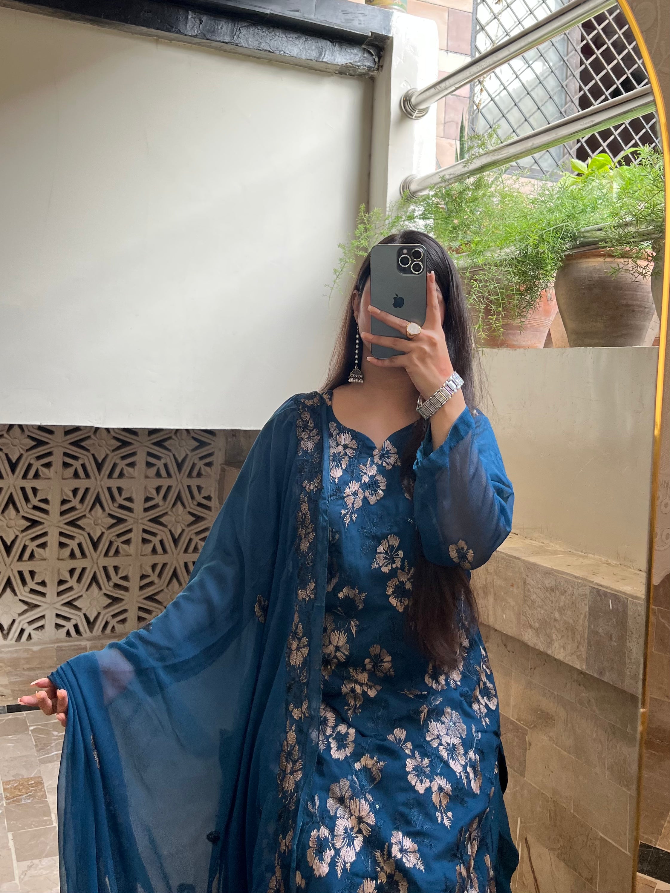 Neelam : Teal Blue Floral Jacquard Three-Piece Suit