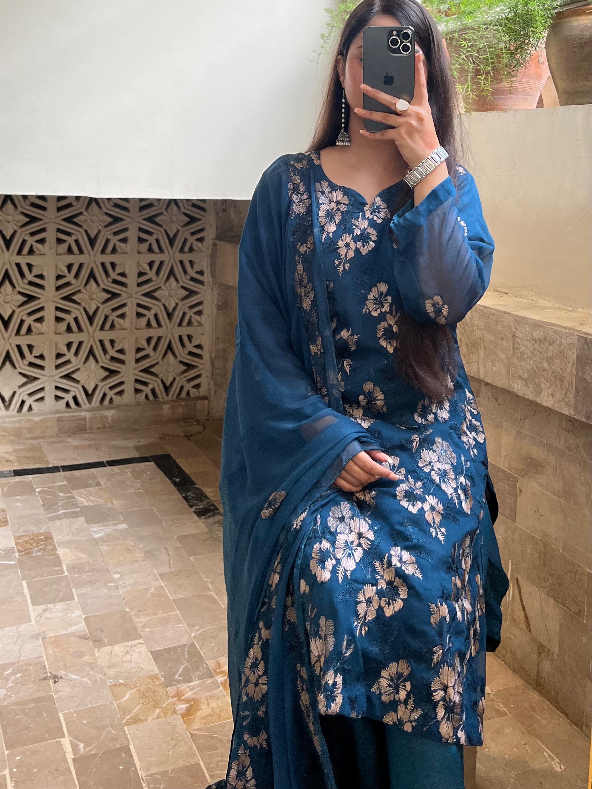 Neelam : Teal Blue Floral Jacquard Three-Piece Suit