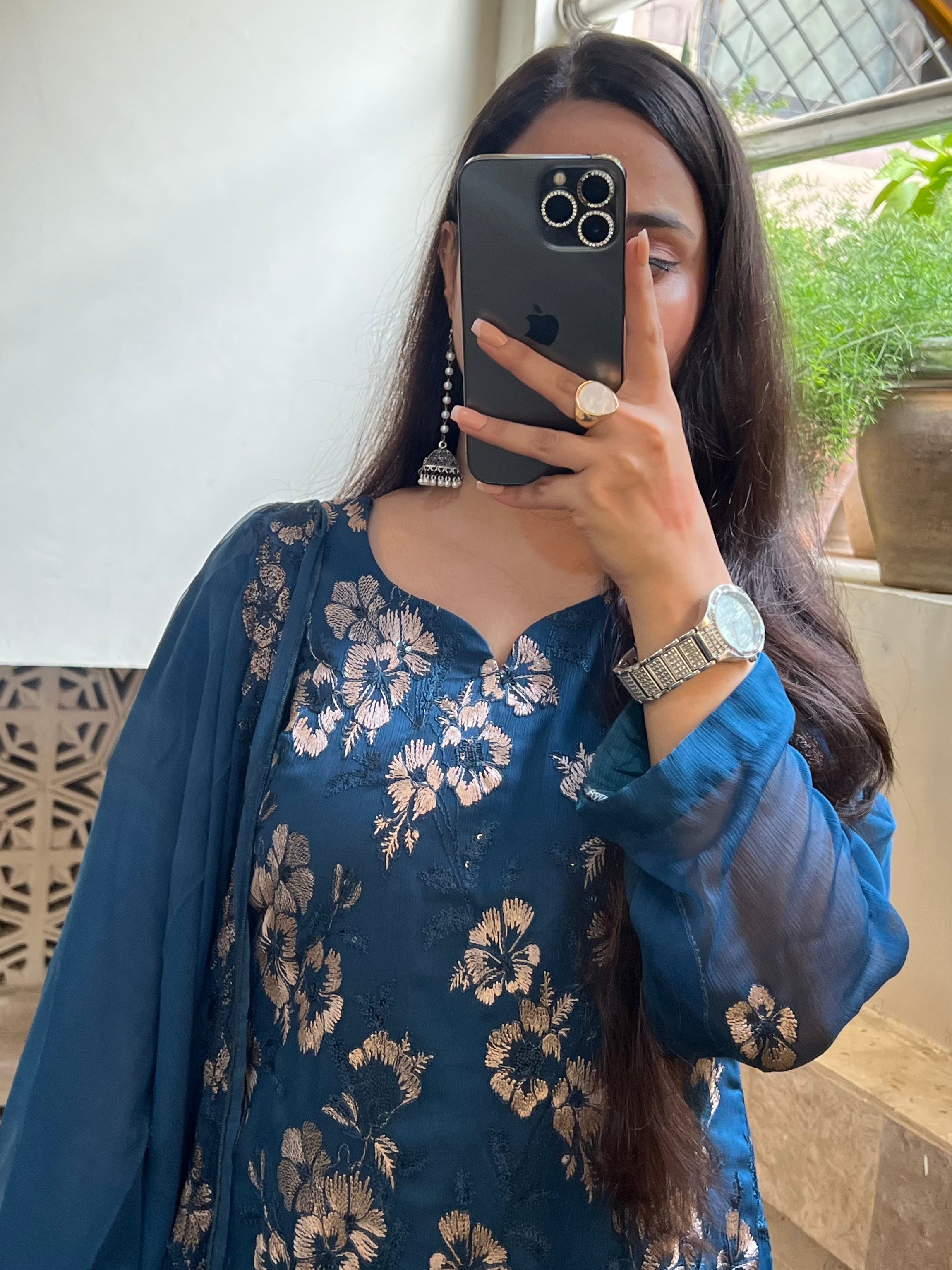 Neelam : Teal Blue Floral Jacquard Three-Piece Suit