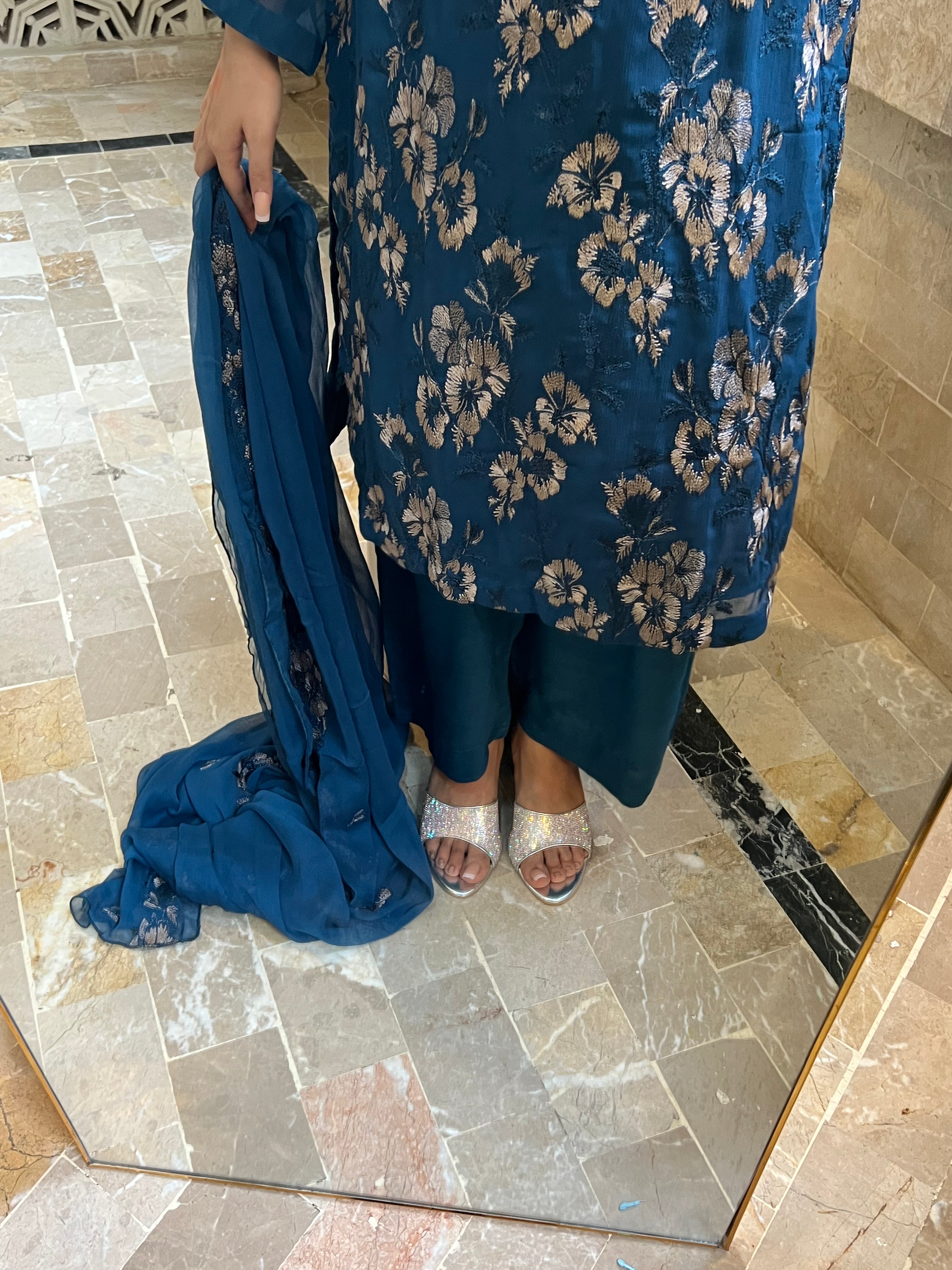 Neelam : Teal Blue Floral Jacquard Three-Piece Suit